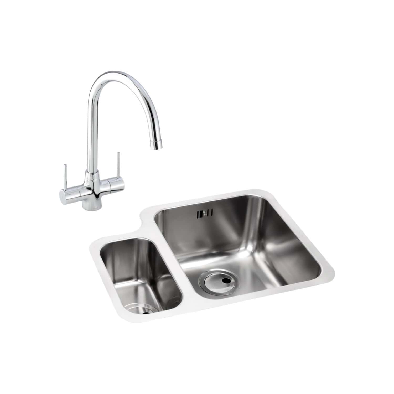 Stainless steel kitchen sink with a dual bowl design and modern chrome tap, ideal for contemporary bathrooms and kitchens. Durable, easy to clean and perfect for home renovation projects.