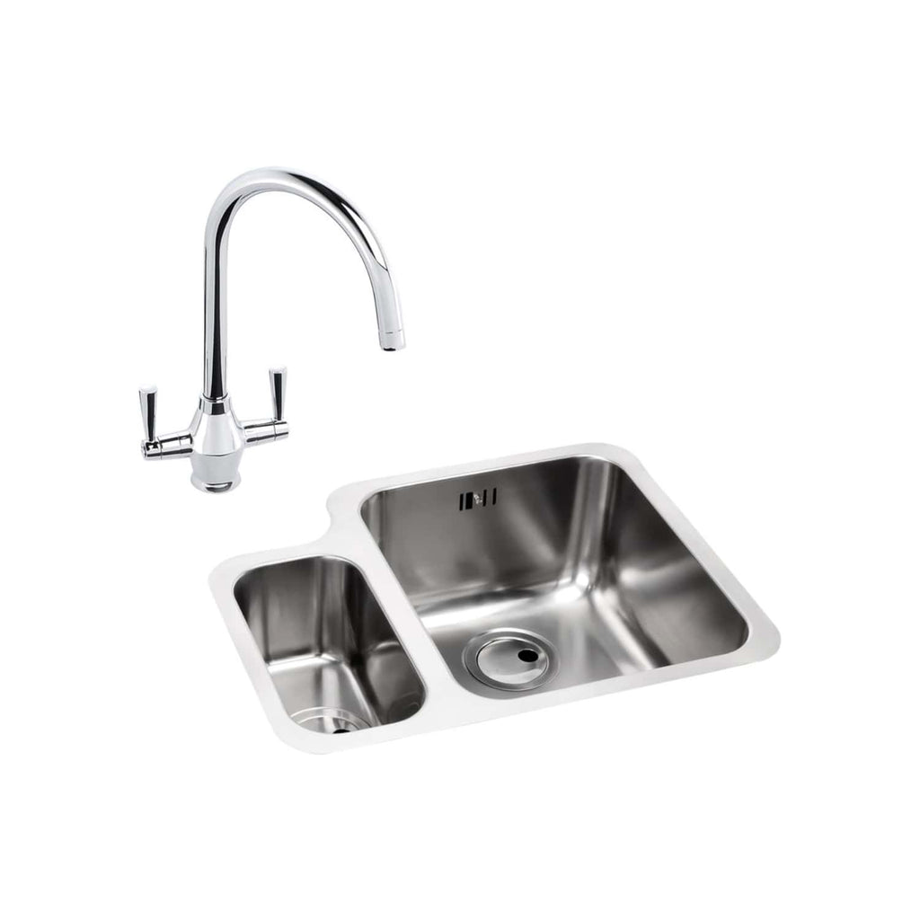 Shiny stainless steel kitchen sink with dual basins and high-arc chrome faucet, ideal for modern bathroom or kitchen designs. Durable and easy to clean, perfect for home renovation projects.