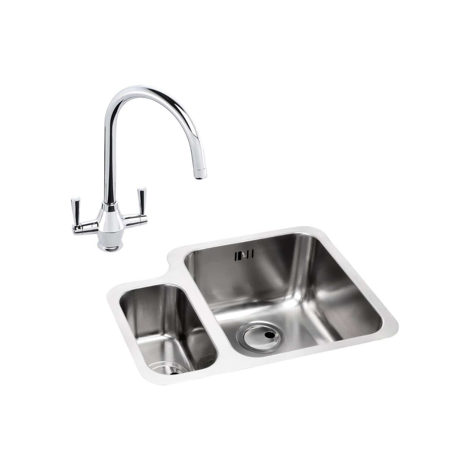 Shiny stainless steel kitchen sink with dual basins and high-arc chrome faucet, ideal for modern bathroom or kitchen designs. Durable and easy to clean, perfect for home renovation projects.