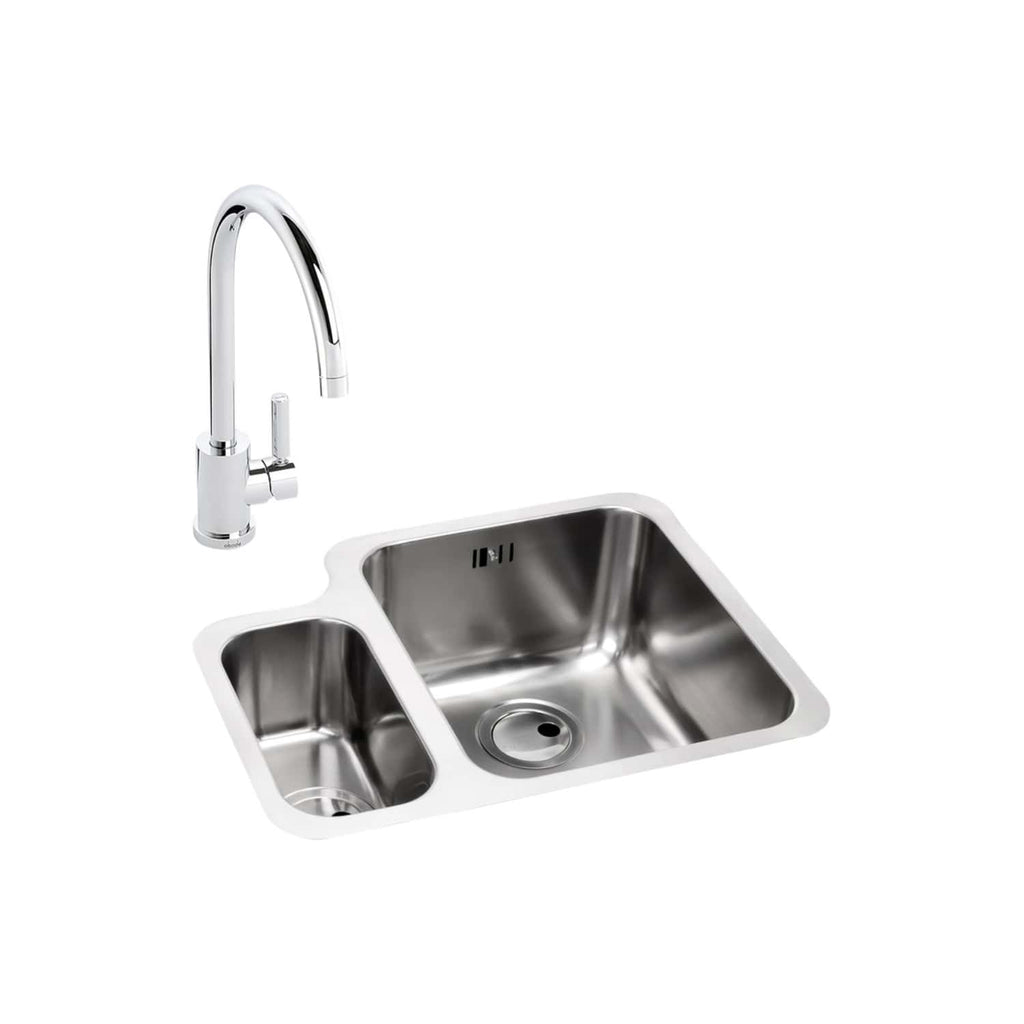 Shiny stainless steel kitchen sink with a modern chrome faucet, featuring two basins of different sizes, perfect for contemporary bathroom or kitchen renovation projects.