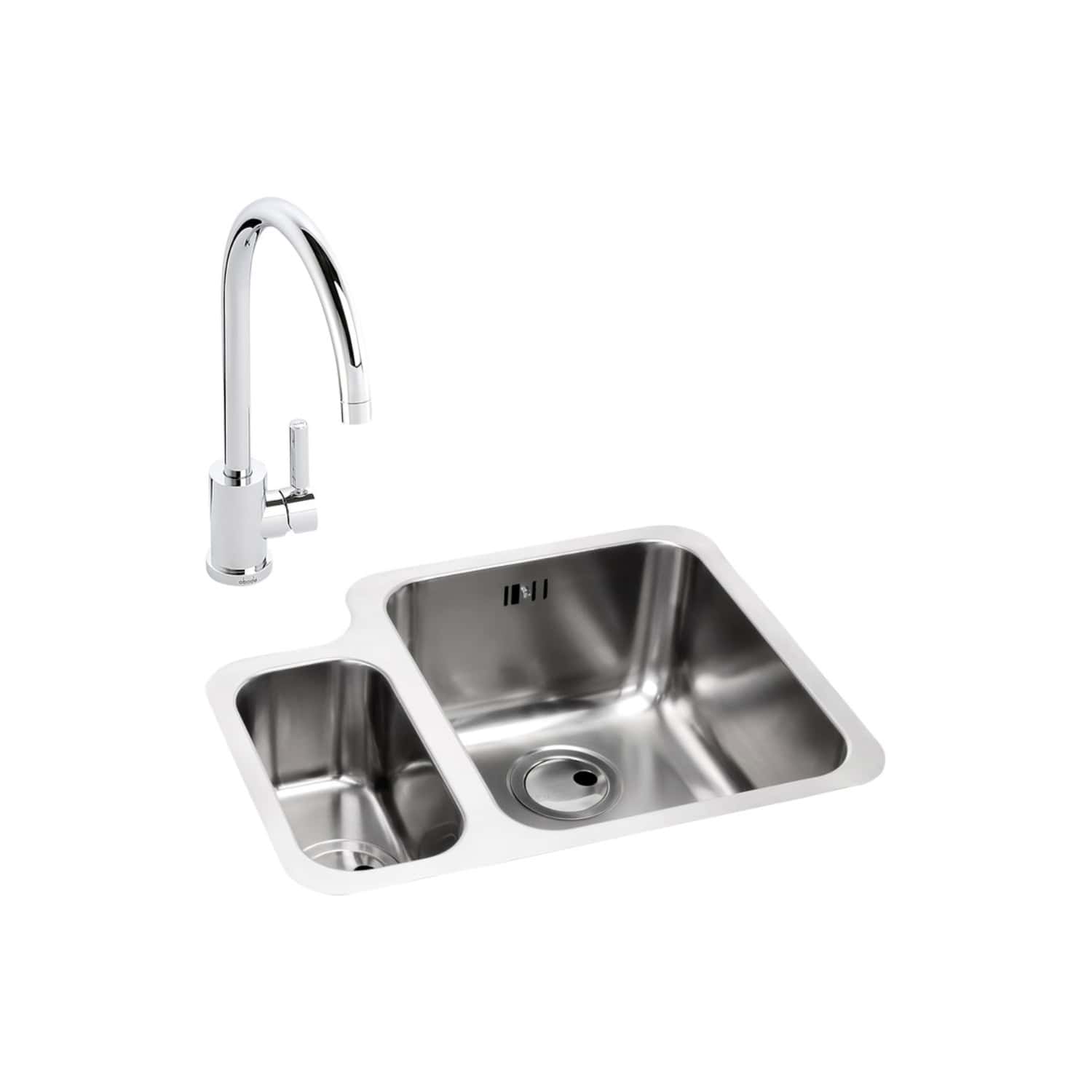 Shiny stainless steel kitchen sink with a modern chrome faucet, featuring two basins of different sizes, perfect for contemporary bathroom or kitchen renovation projects.
