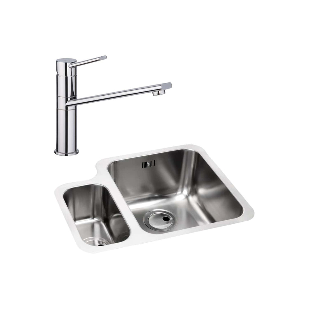 Sleek stainless steel kitchen sink with dual bowls and modern chrome faucet, ideal for bathroom or kitchen remodeling, offering durability and contemporary design.