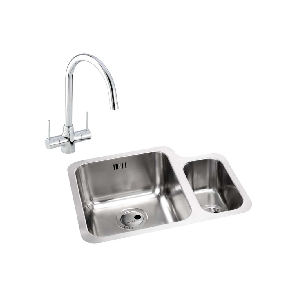 Modern stainless steel kitchen sink with dual bowls and chrome faucet, ideal for contemporary bathroom or kitchen renovation projects. Durable and easy to clean.
