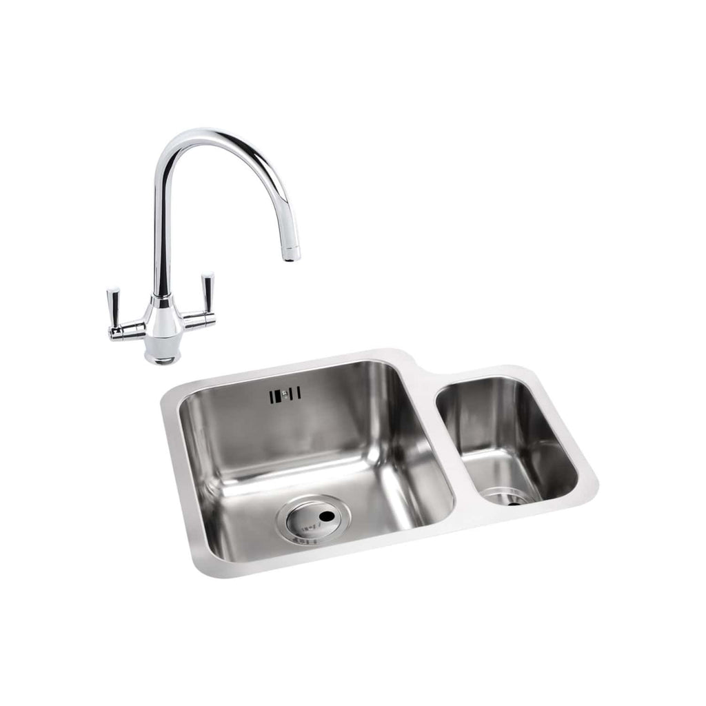 Bright stainless steel double kitchen sink with high-arching chrome faucet, ideal for modern bathroom and kitchen renovations, combining durability and sleek design.