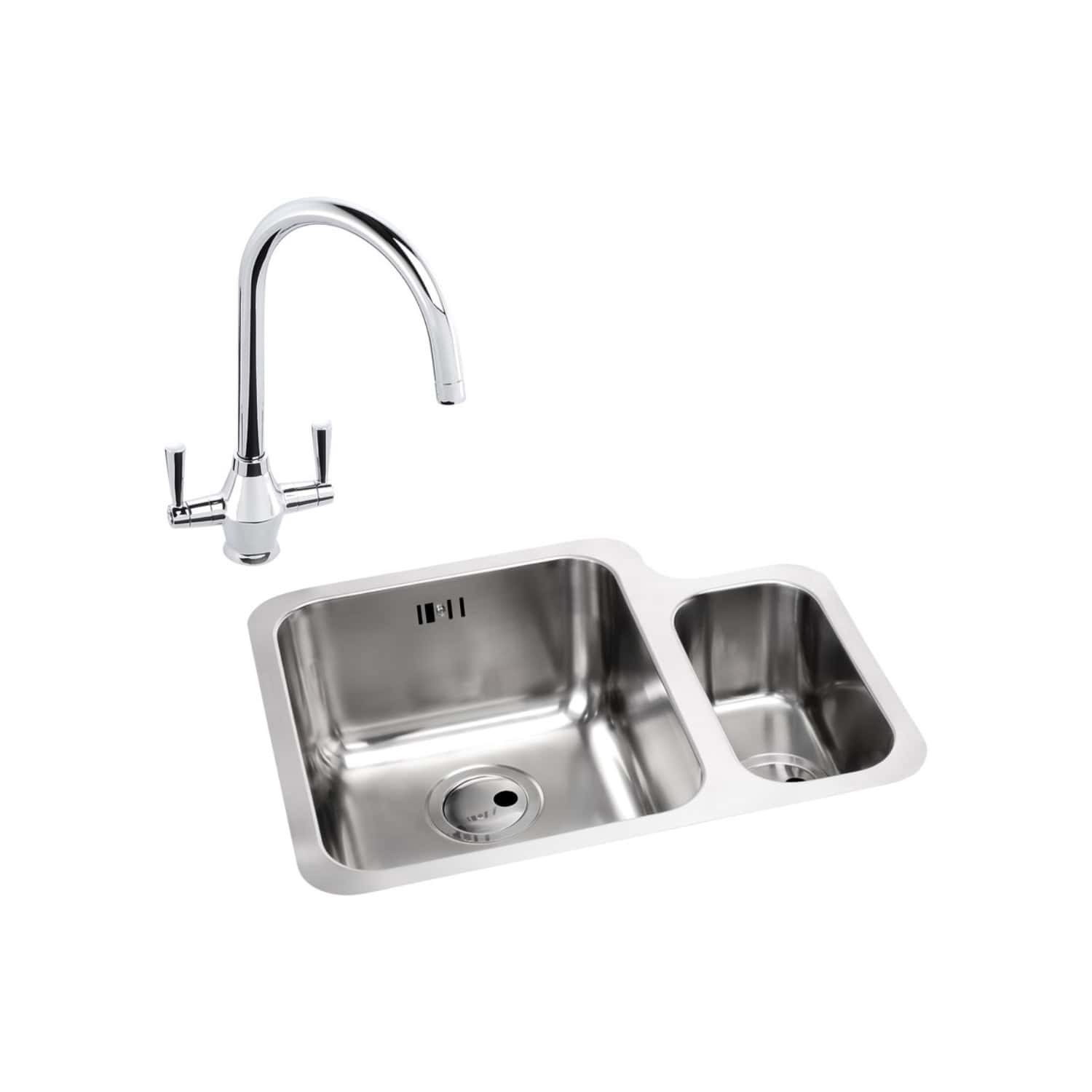 Bright stainless steel double kitchen sink with high-arching chrome faucet, ideal for modern bathroom and kitchen renovations, combining durability and sleek design.