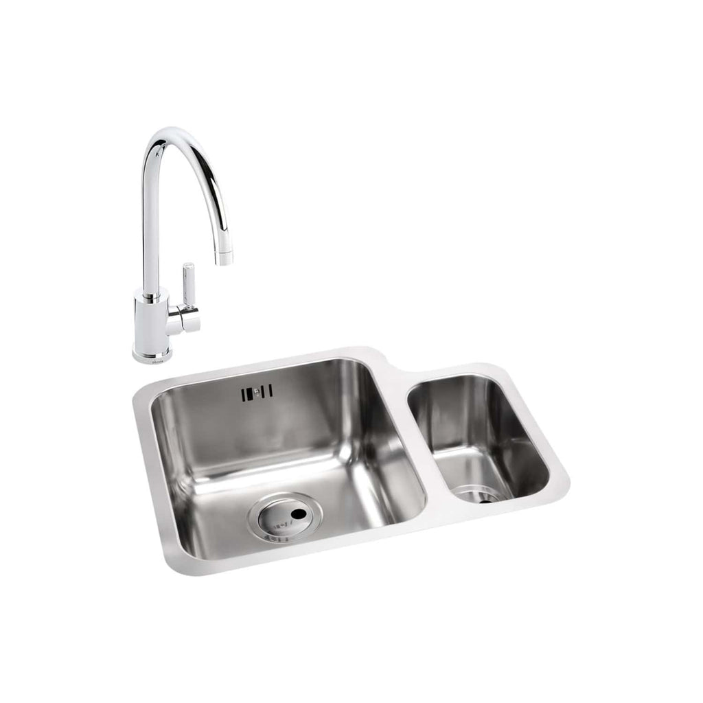 Stainless steel kitchen sink with dual bowls and modern chrome tap, ideal for contemporary bathroom or kitchen setups. Durable and stylish design perfect for home renovation projects.
