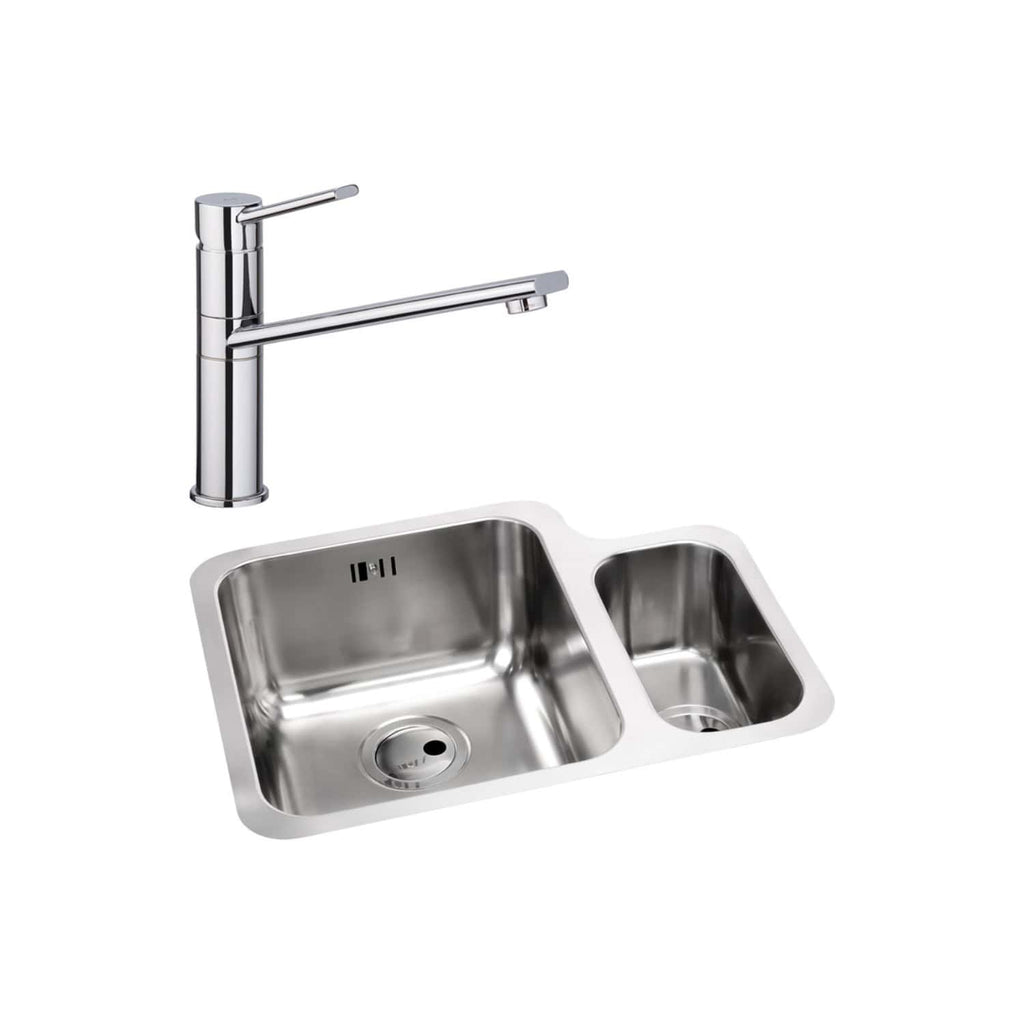 Sleek stainless steel double kitchen sink with modern chrome faucet, ideal for contemporary bathrooms and kitchens, offering durable, stylish design for efficient washing and cleaning.