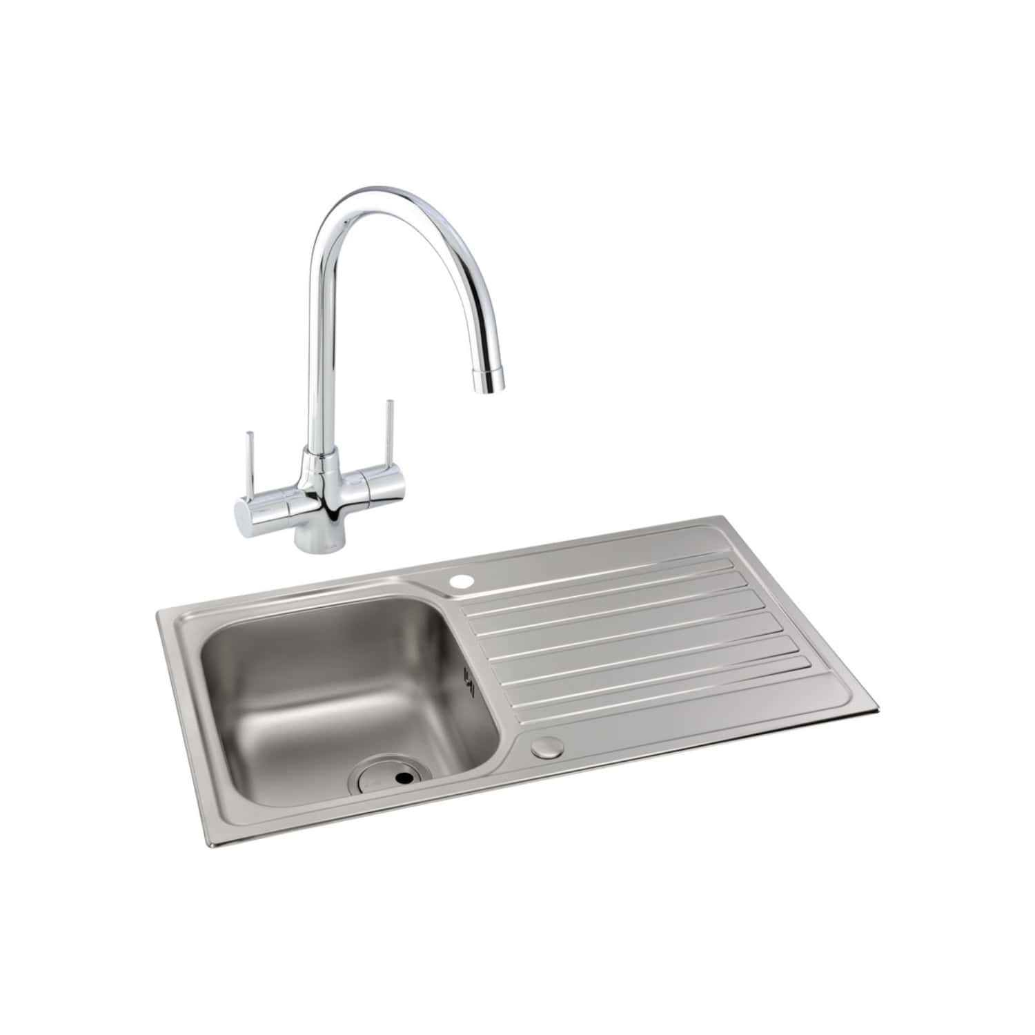 Shiny stainless steel kitchen sink with integrated draining board and chrome mixer tap, ideal for modern bathrooms and kitchens. Durable and easy to clean, perfect for residential and commercial use.
