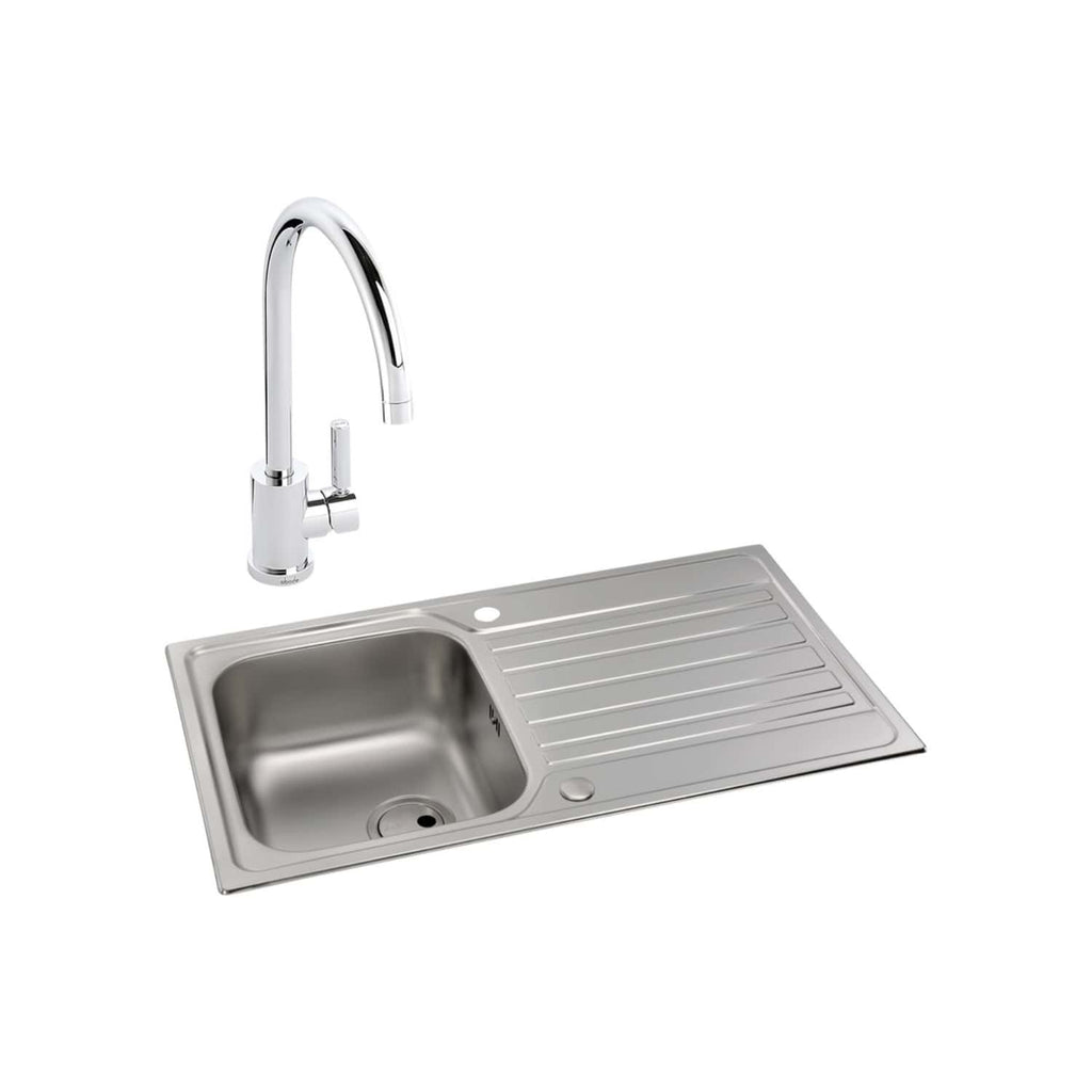 Shiny stainless steel kitchen sink with integrated draining area and modern high-arc chrome faucet, ideal for contemporary bathroom or kitchen renovation projects.