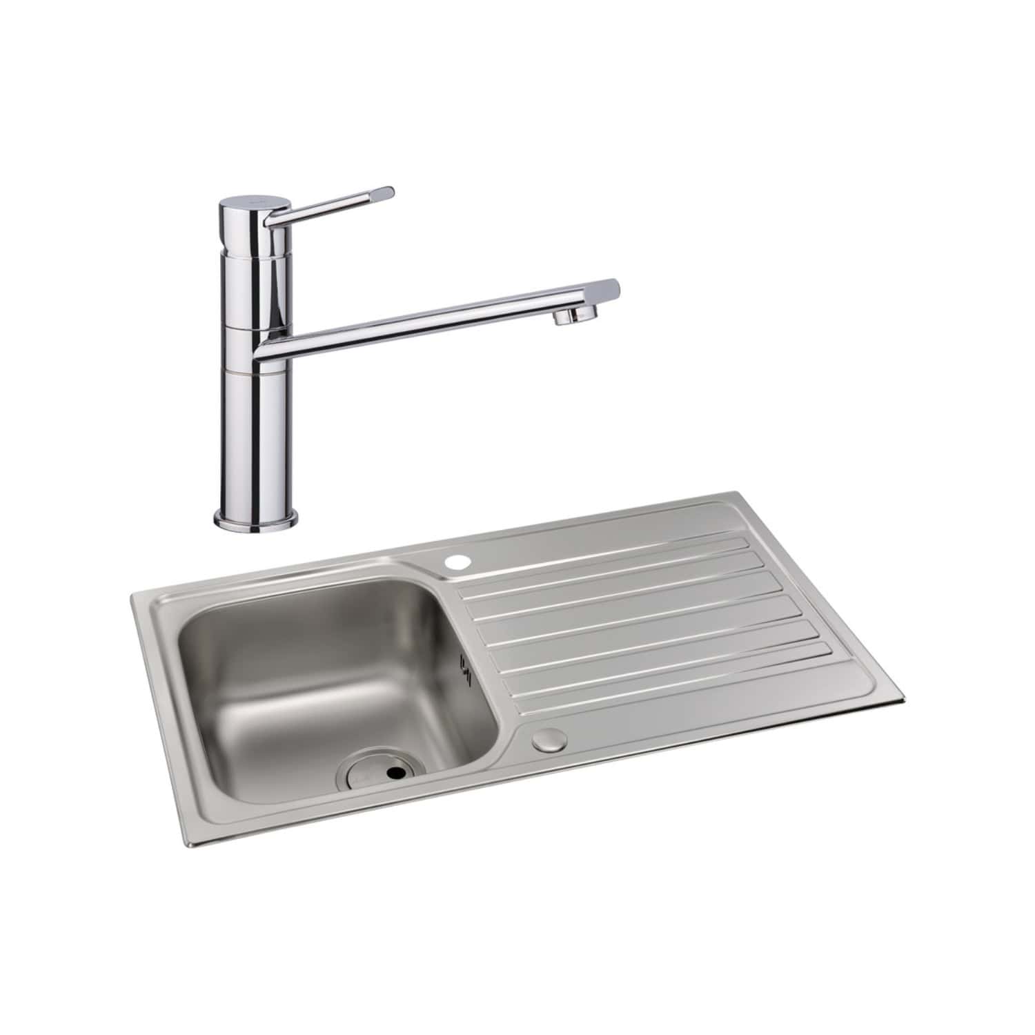 Stainless steel kitchen sink with modern chrome mixer tap, single bowl and integrated draining board, ideal for contemporary bathrooms and kitchens.