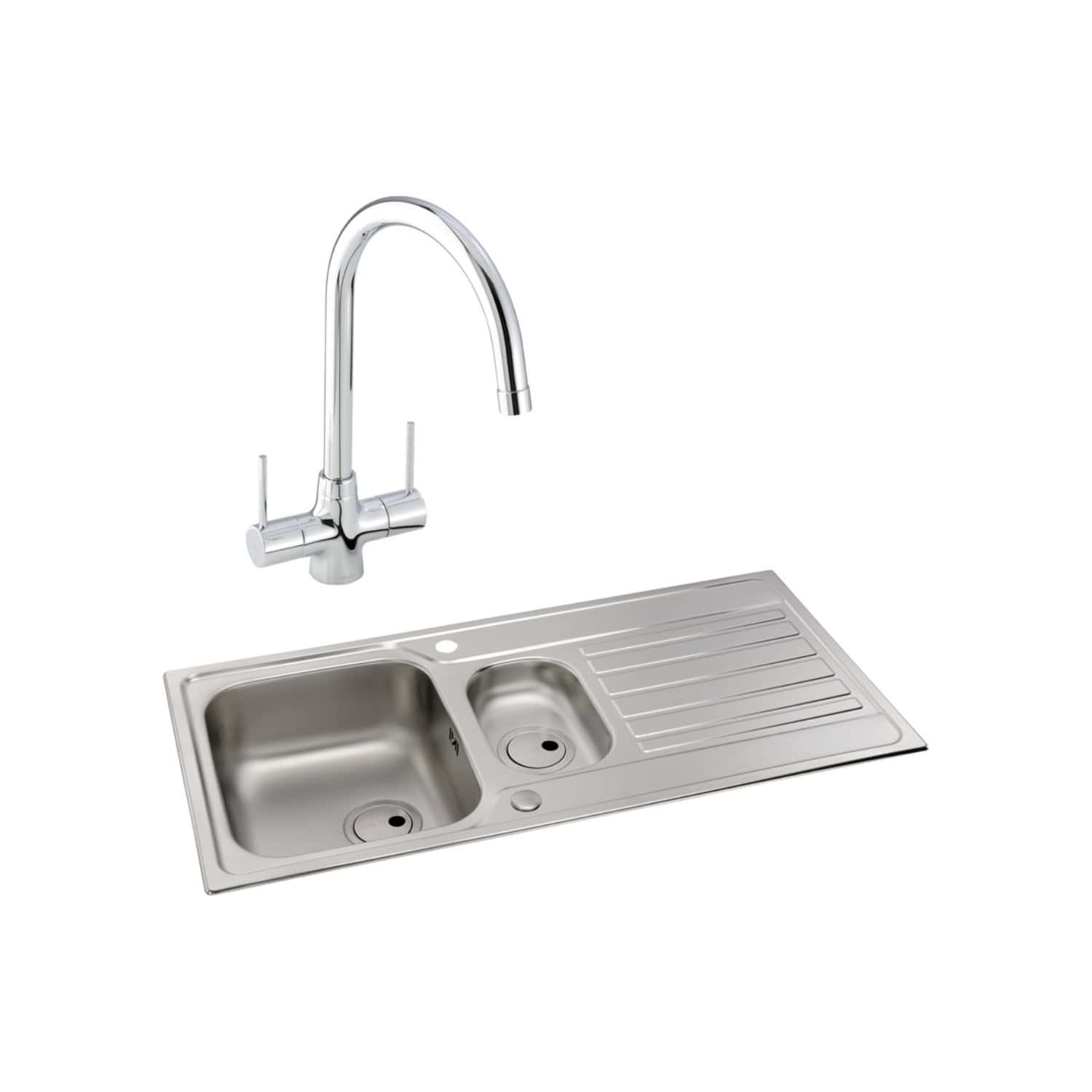 Stainless steel kitchen sink with modern tap, designed for durability and easy cleaning, ideal for contemporary bathrooms and kitchens. Features a double basin and integrated drainboard for efficient use.