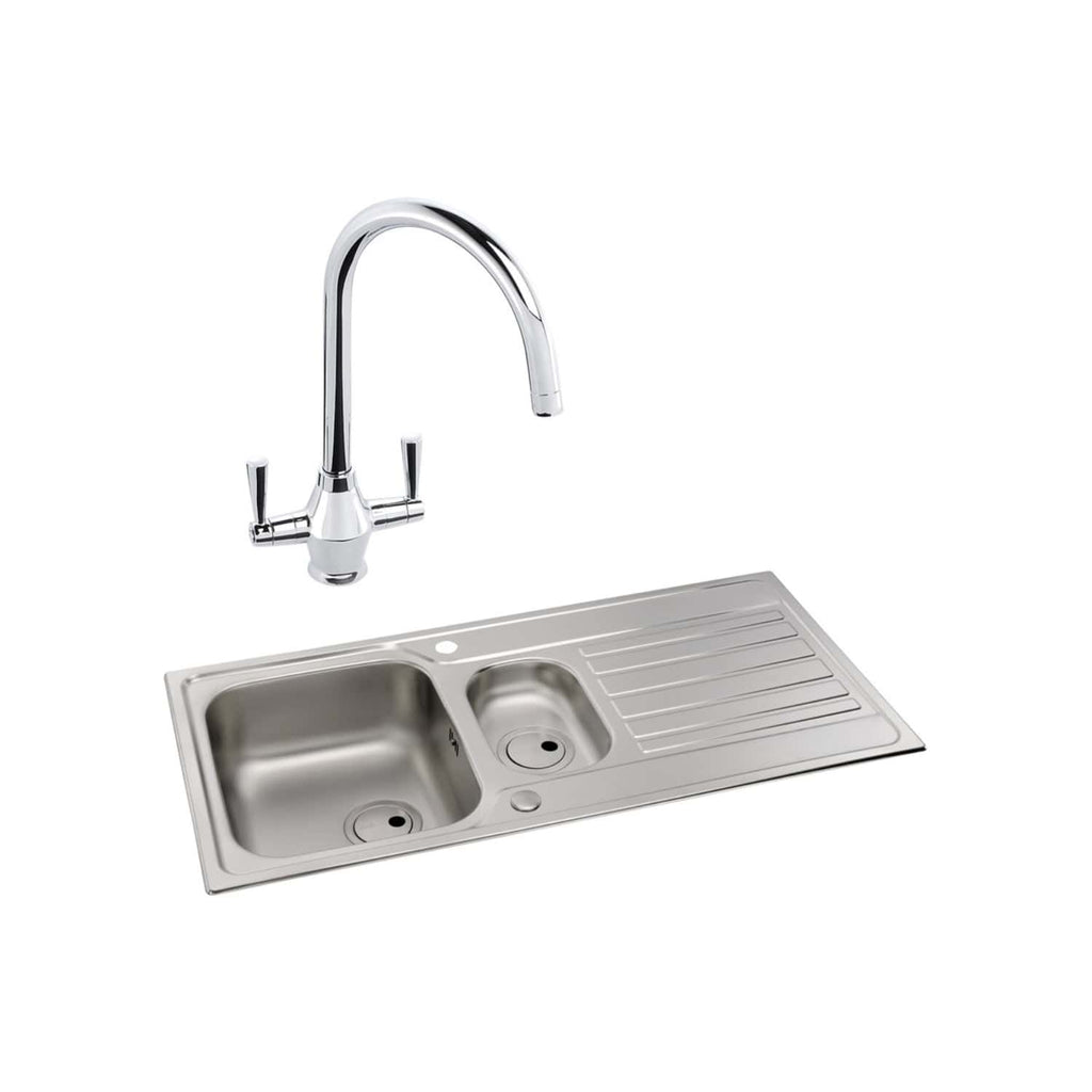 Stainless steel kitchen sink with dual basins and a high-arc chrome tap, ideal for modern bathrooms and kitchens, providing durable and stylish water facilities.