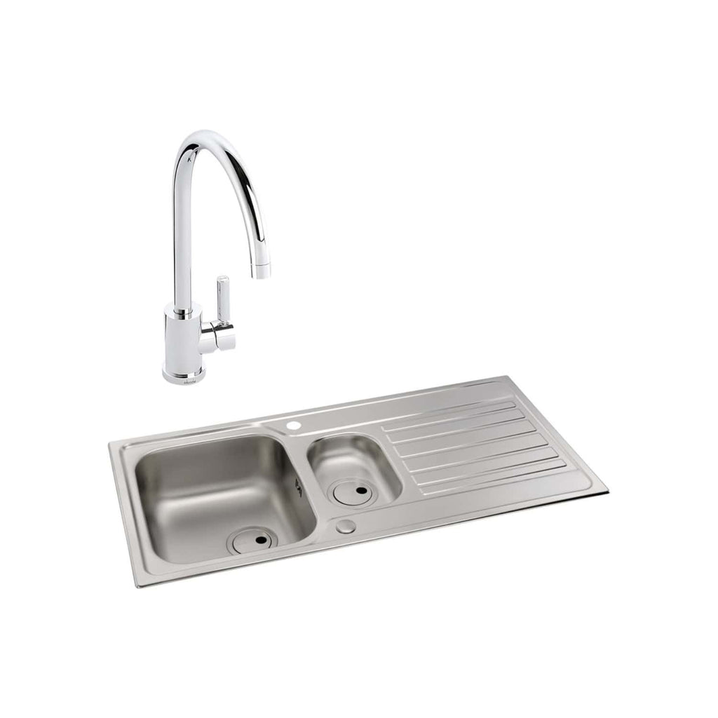 Modern stainless steel kitchen sink with a high-arc chrome faucet and integrated draining board, ideal for contemporary bathroom or kitchen setups. Durable and easy to clean.