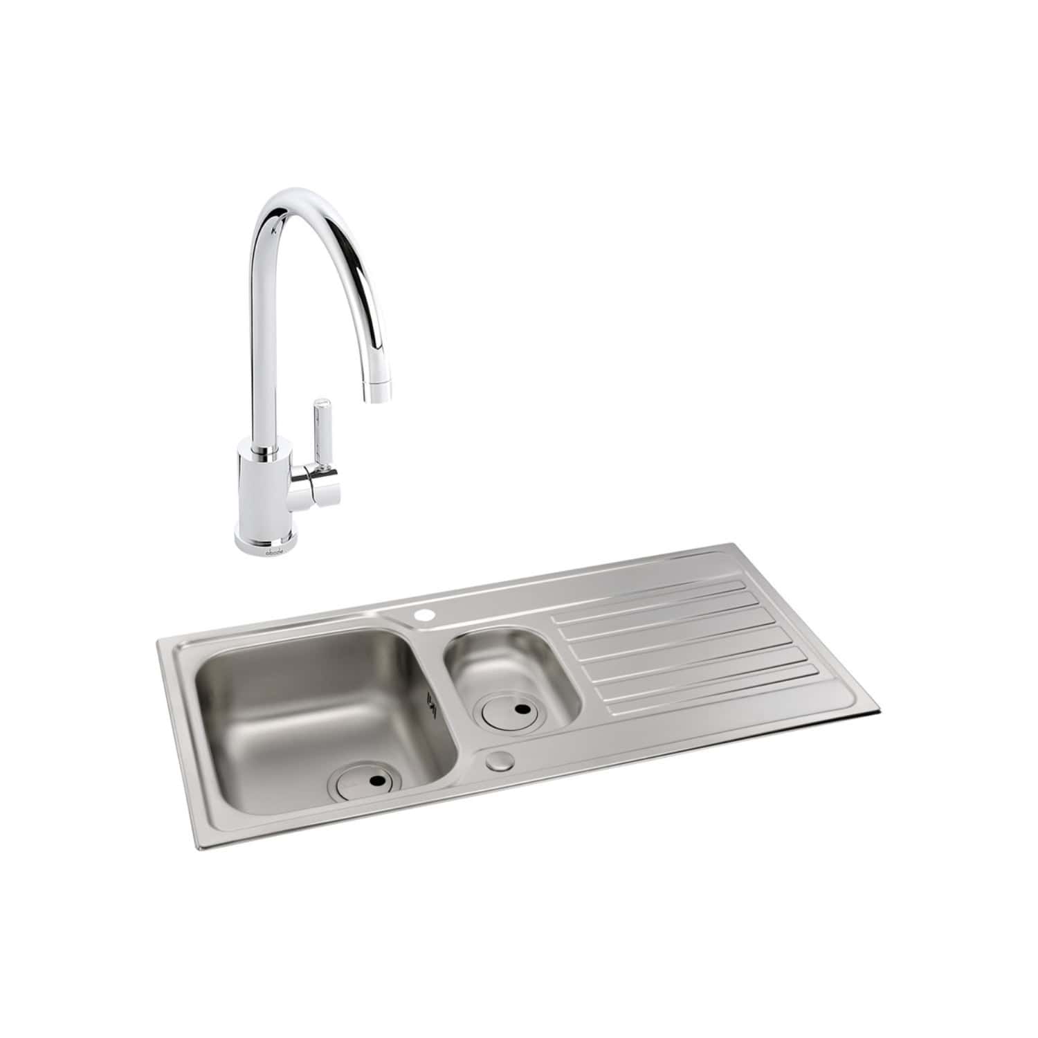Modern stainless steel kitchen sink with a high-arc chrome faucet and integrated draining board, ideal for contemporary bathroom or kitchen setups. Durable and easy to clean.