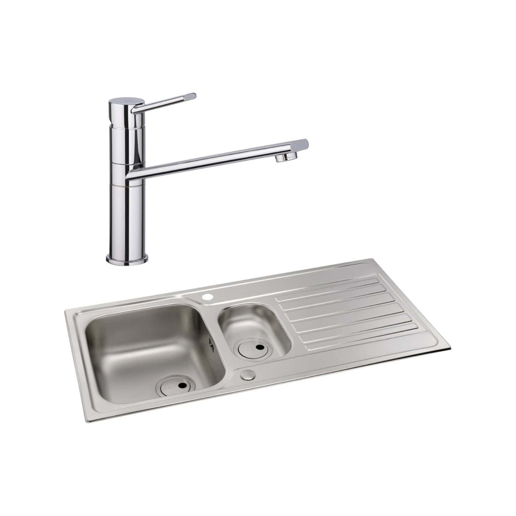 Sleek stainless steel kitchen sink with integrated drainer and modern chrome mixer tap, perfect for contemporary bathroom or kitchen renovation projects. Designed for durability and style.