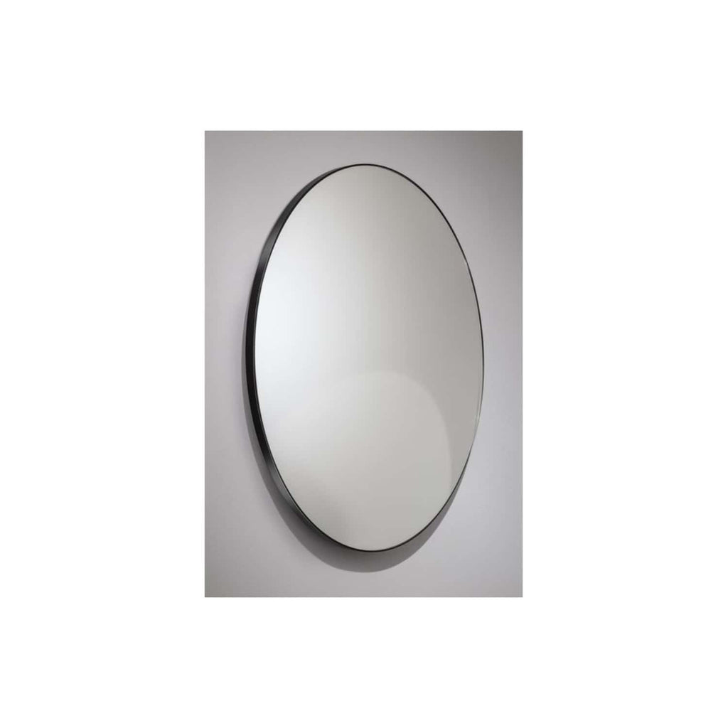 Sleek round bathroom mirror with black frame, modern design, ideal for contemporary bathroom decor and perfect for creating a stylish, functional space.