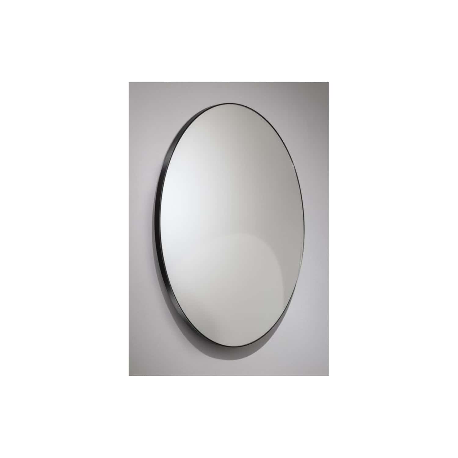 Sleek round bathroom mirror with black frame, modern design, ideal for contemporary bathroom decor and perfect for creating a stylish, functional space.