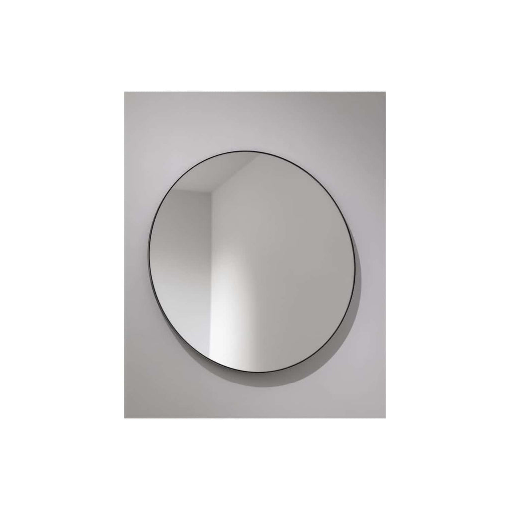 Bright round wall mirror with black metal frame, sleek and modern design, perfect for contemporary bathrooms. Reflects natural light, creates a spacious feeling, and adds elegance to your bathroom decor.