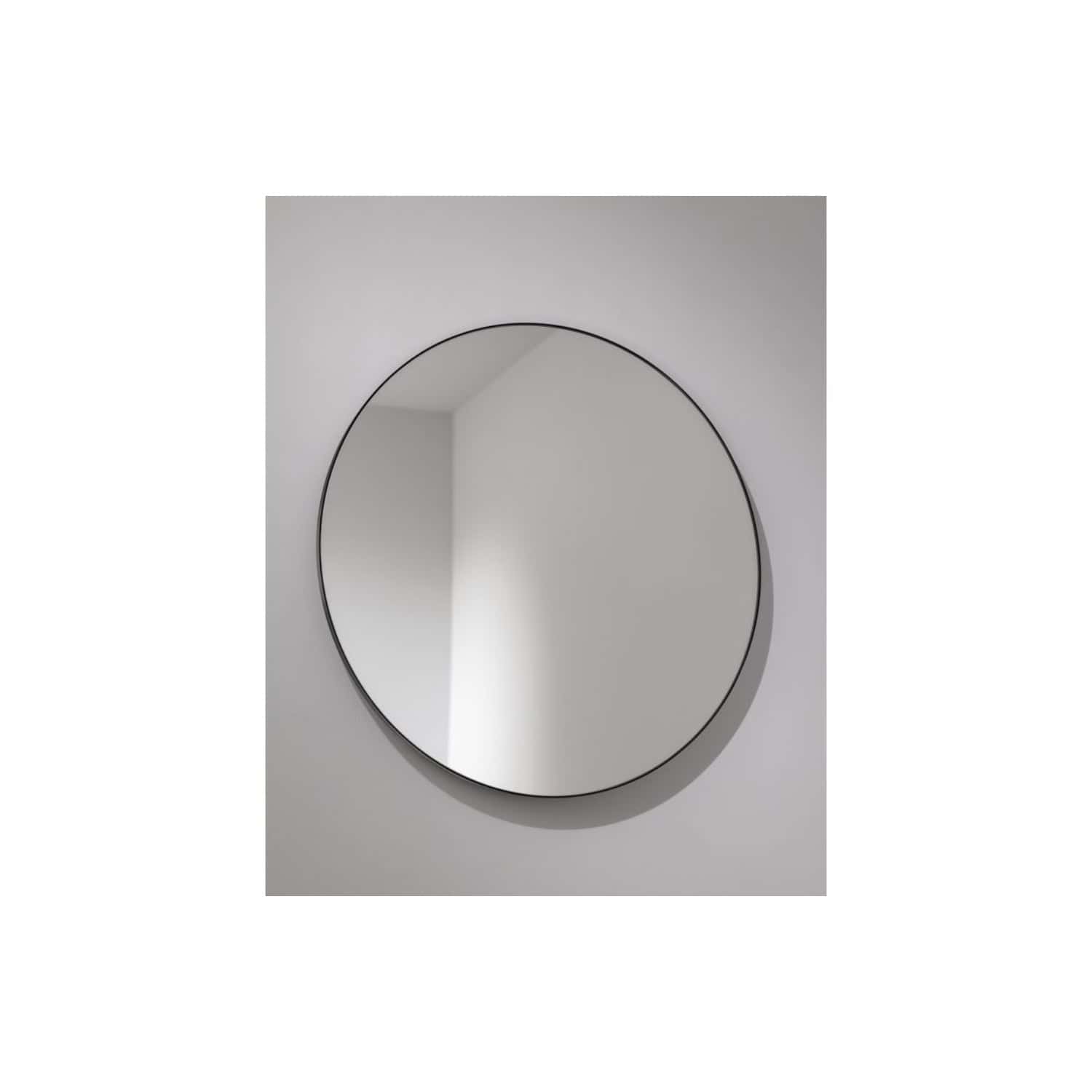 Bright round wall mirror with black metal frame, sleek and modern design, perfect for contemporary bathrooms. Reflects natural light, creates a spacious feeling, and adds elegance to your bathroom decor.