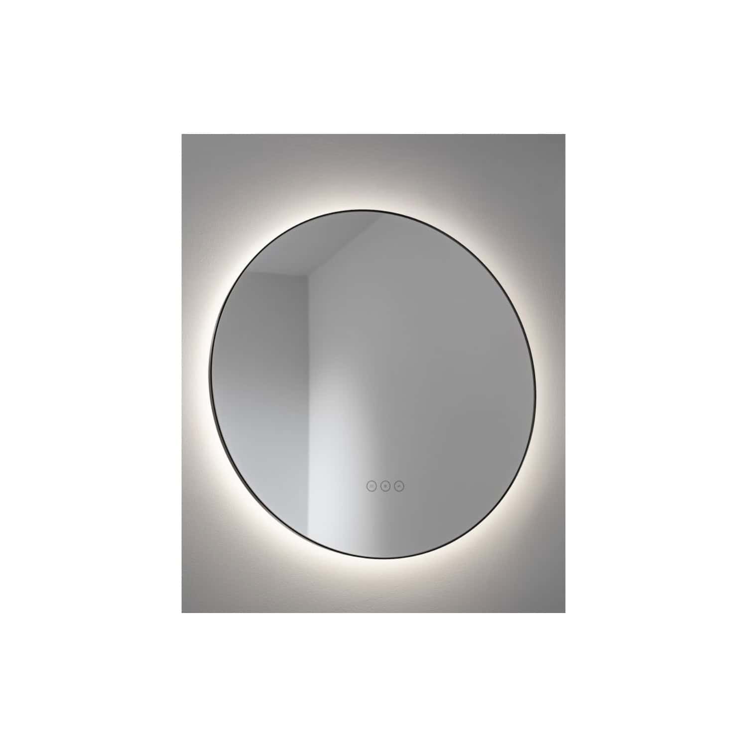 Illuminated round bathroom mirror with built-in LED lighting and touch controls, perfect for modern bathroom design and grooming routines.