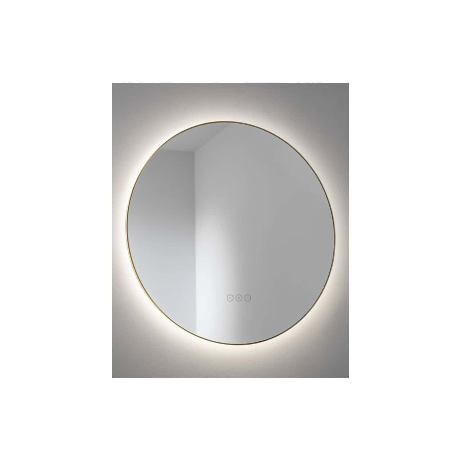 Illuminated round bathroom mirror with LED backlight, modern design, ideal for contemporary bathrooms, provides optimal lighting for grooming and enhances bathroom decor.