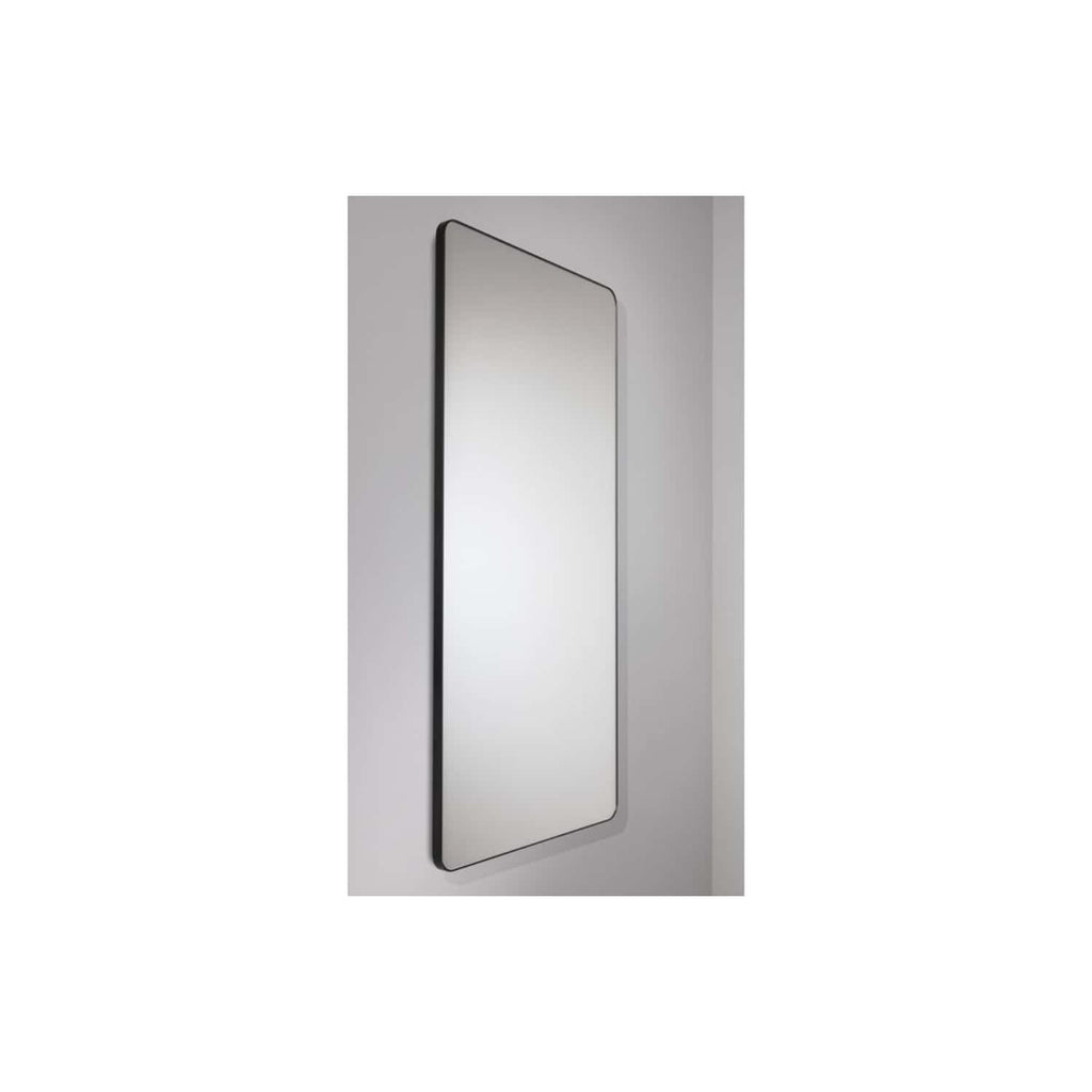 Sleek modern black-framed rectangular bathroom mirror with soft LED lighting, perfect for contemporary bathroom decor, offering stylish functionality and ambient illumination.