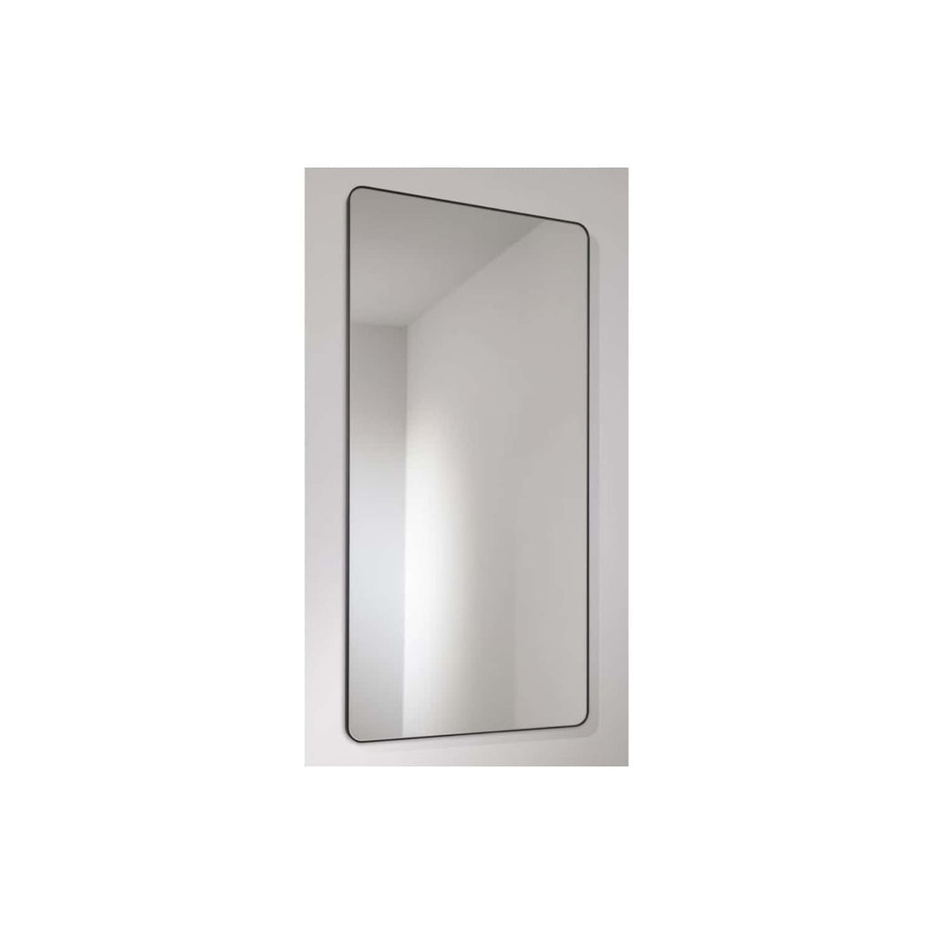 Sleek modern rectangular bathroom mirror with black trim, minimalist design perfect for contemporary bathrooms. Reflects natural light to create a bright, spacious feel. Ideal for stylish bathroom decor.