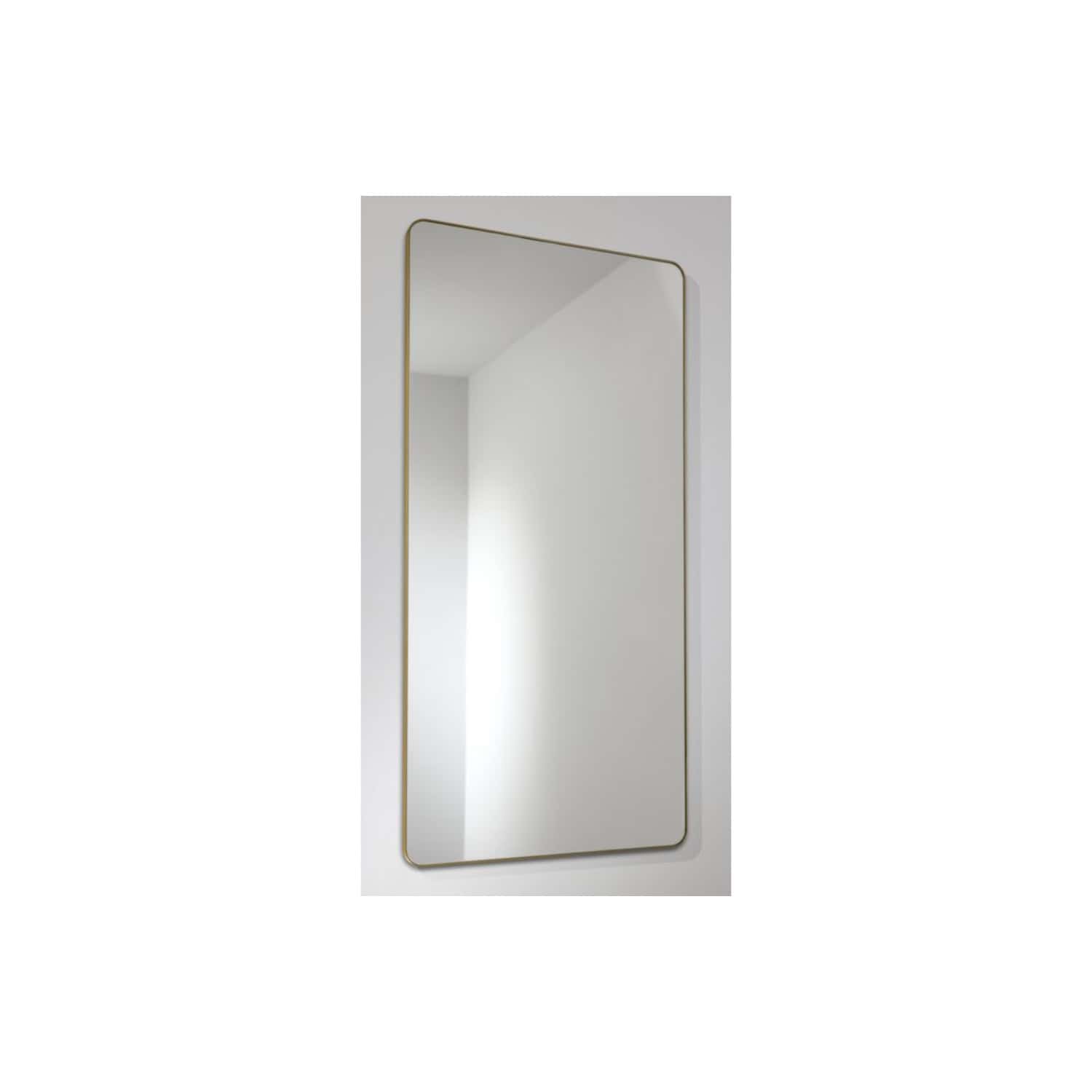 Sleek modern rectangular bathroom mirror with gold trim, ideal for contemporary bathroom décor, providing mirror functionality and stylish aesthetic.