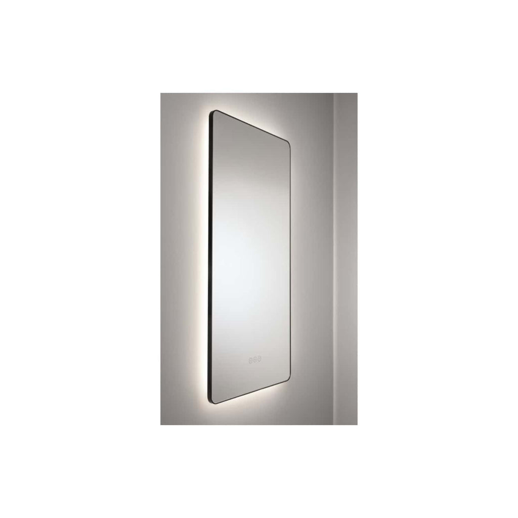 Illuminated modern minimalist bathroom mirror with LED backlight and touch controls, ideal for contemporary bathroom designs. Perfect for enhancing space, lighting, and style.