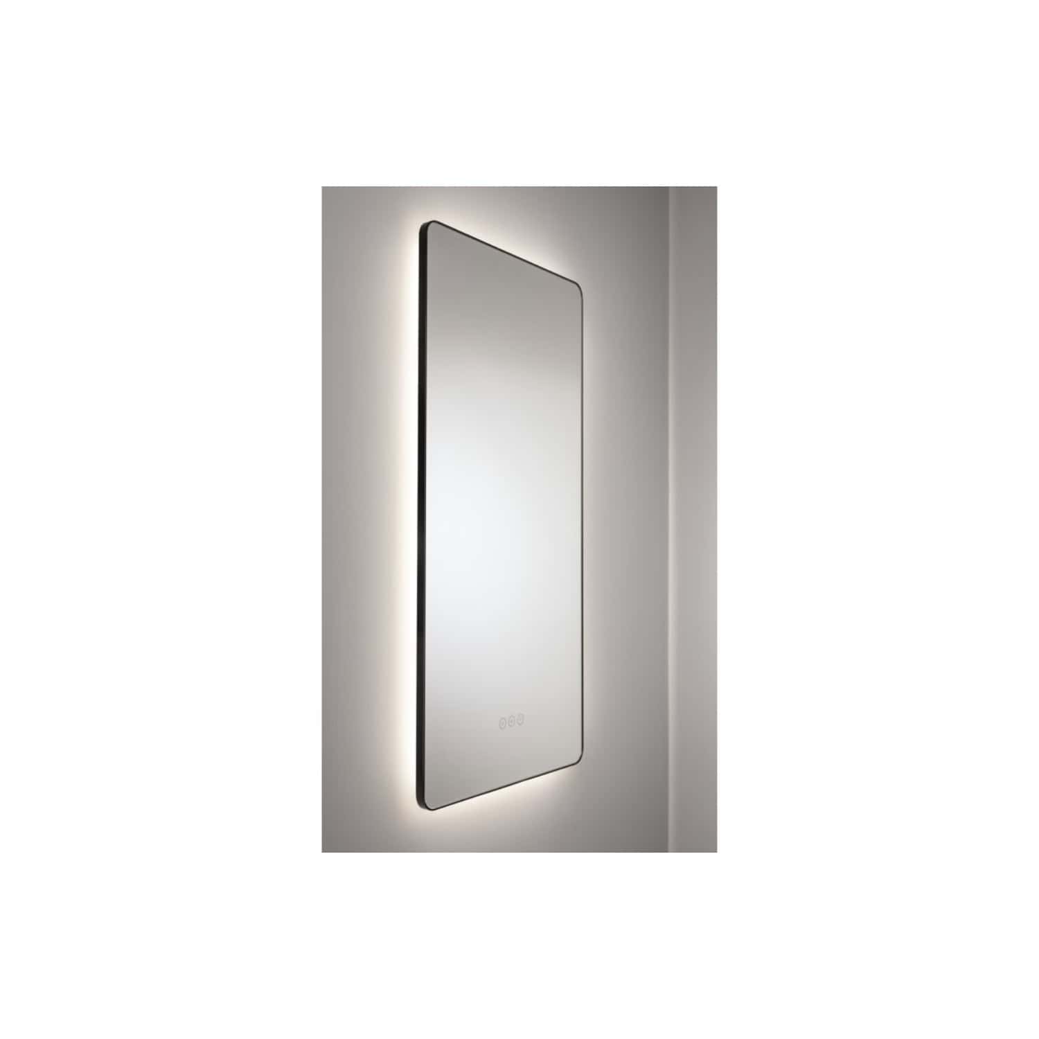 Illuminated modern minimalist bathroom mirror with LED backlight and touch controls, ideal for contemporary bathroom designs. Perfect for enhancing space, lighting, and style.