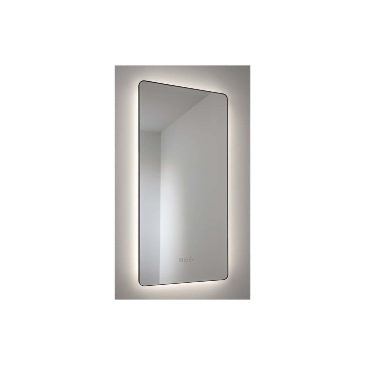 Sleek backlit bathroom mirror with touch controls, modern design, ideal for contemporary bathrooms, enhances space with stylish lighting and functionality.