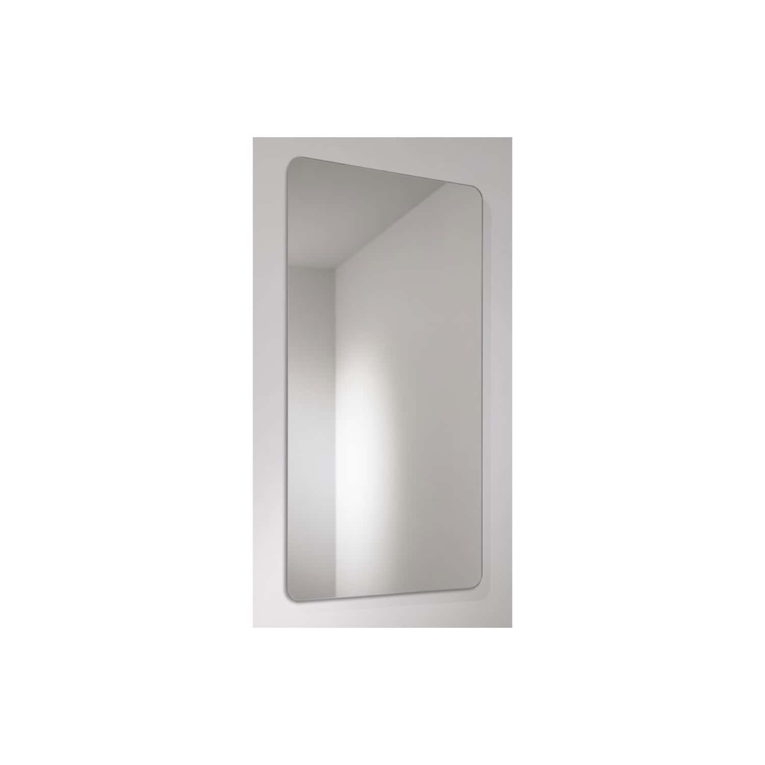 Polished aluminium bathroom mirror with rounded edges, modern style, suitable for contemporary bathroom decor. Perfect for adding functionality and sleek design to your space.