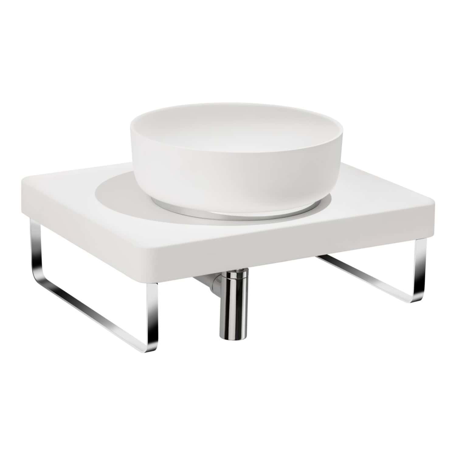 Sleek modern bathroom sink with minimalist white vessel basin mounted on a contemporary white countertop with chrome legs, showcasing stylish bathroom fixture design.