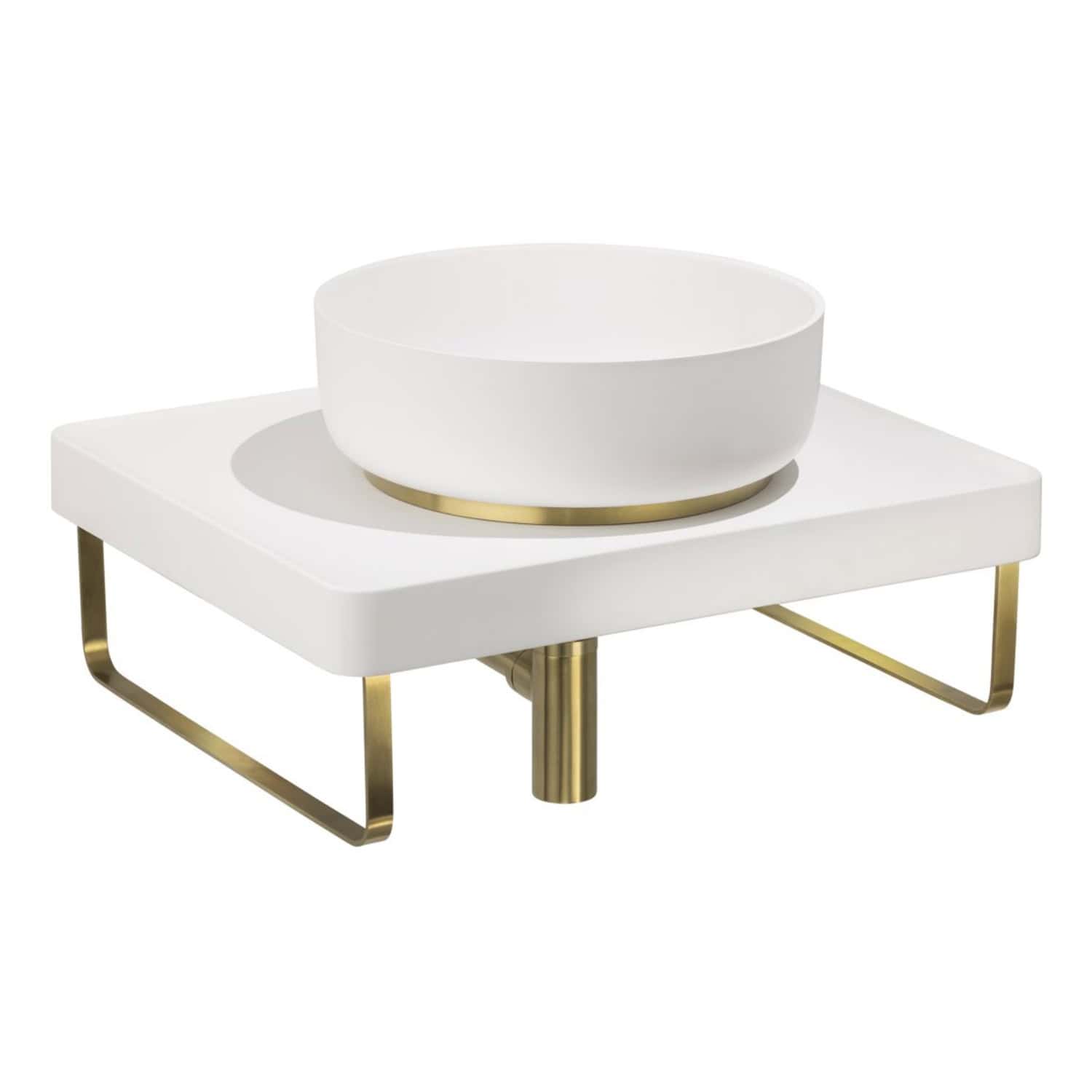 Sleek white bathroom sink with gold accents mounted on a modern white countertop with gold-finished legs, ideal for contemporary bathroom designs.