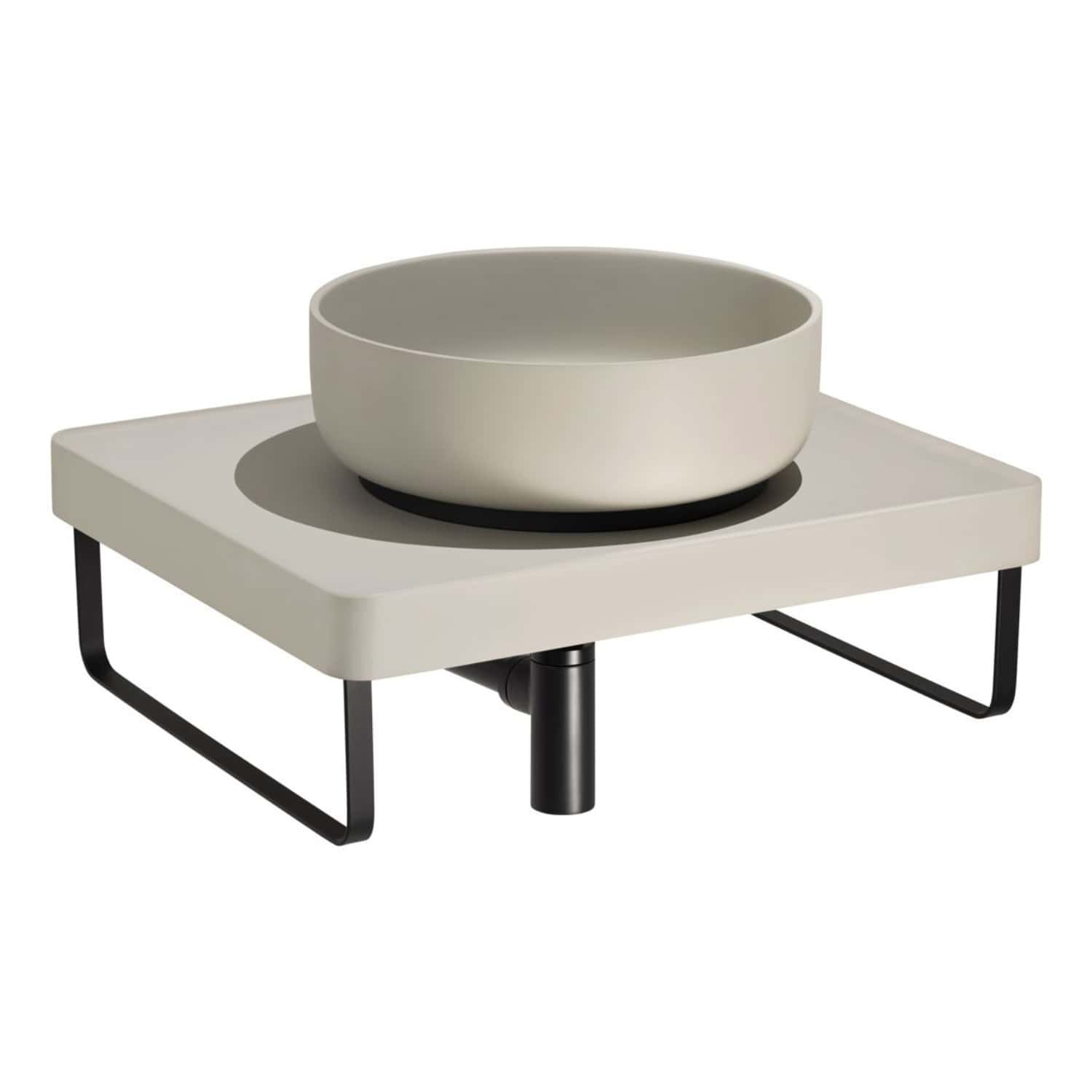 Sleek modern bathroom sink with a minimalist design, featuring a stylish white basin on a contemporary black metal frame. Perfect for sophisticated bathroom or washroom decor.
