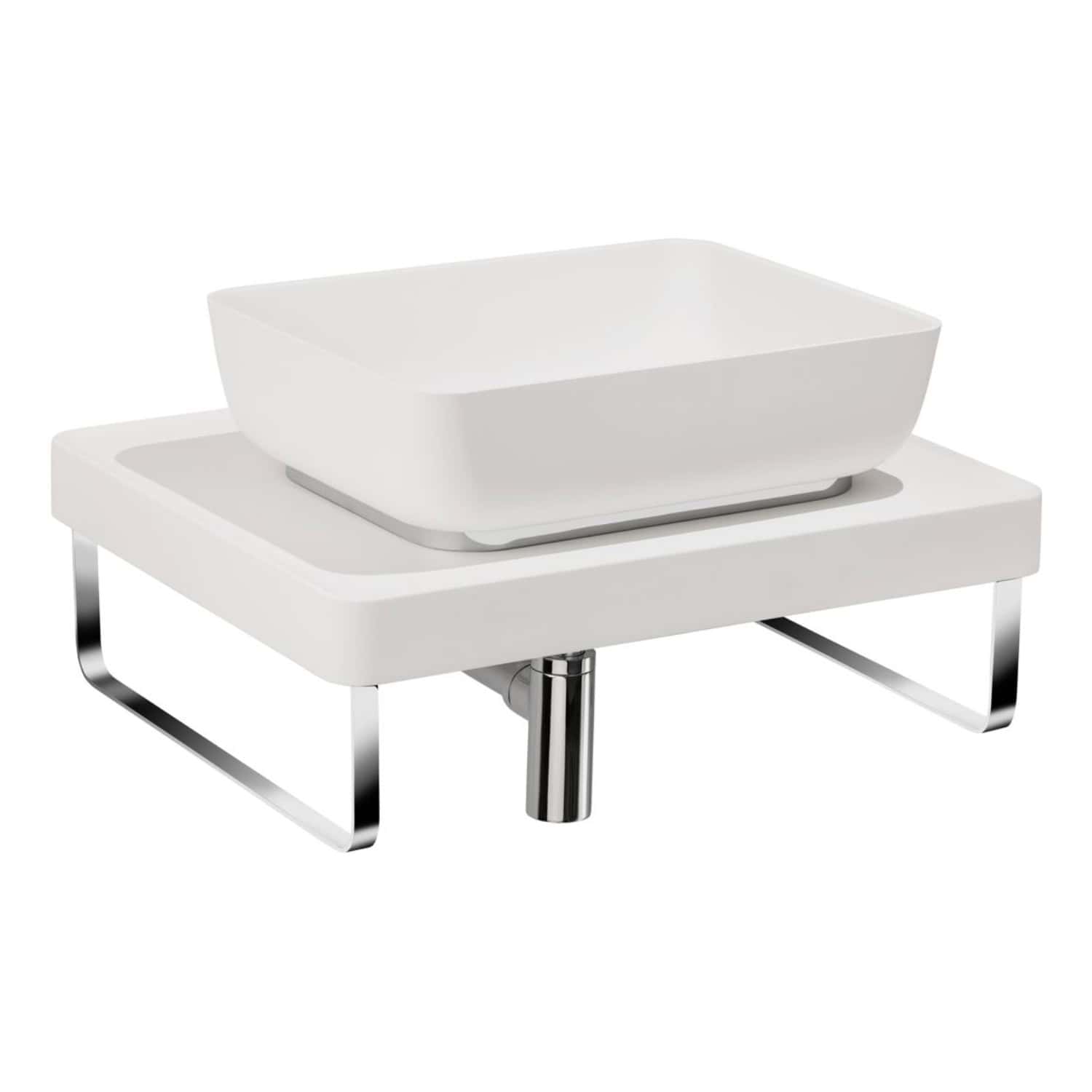 Square white vessel sink with sleek chrome matte finish fixtures, designed for modern bathroom interiors, offering a stylish and functional Washbasin unit.