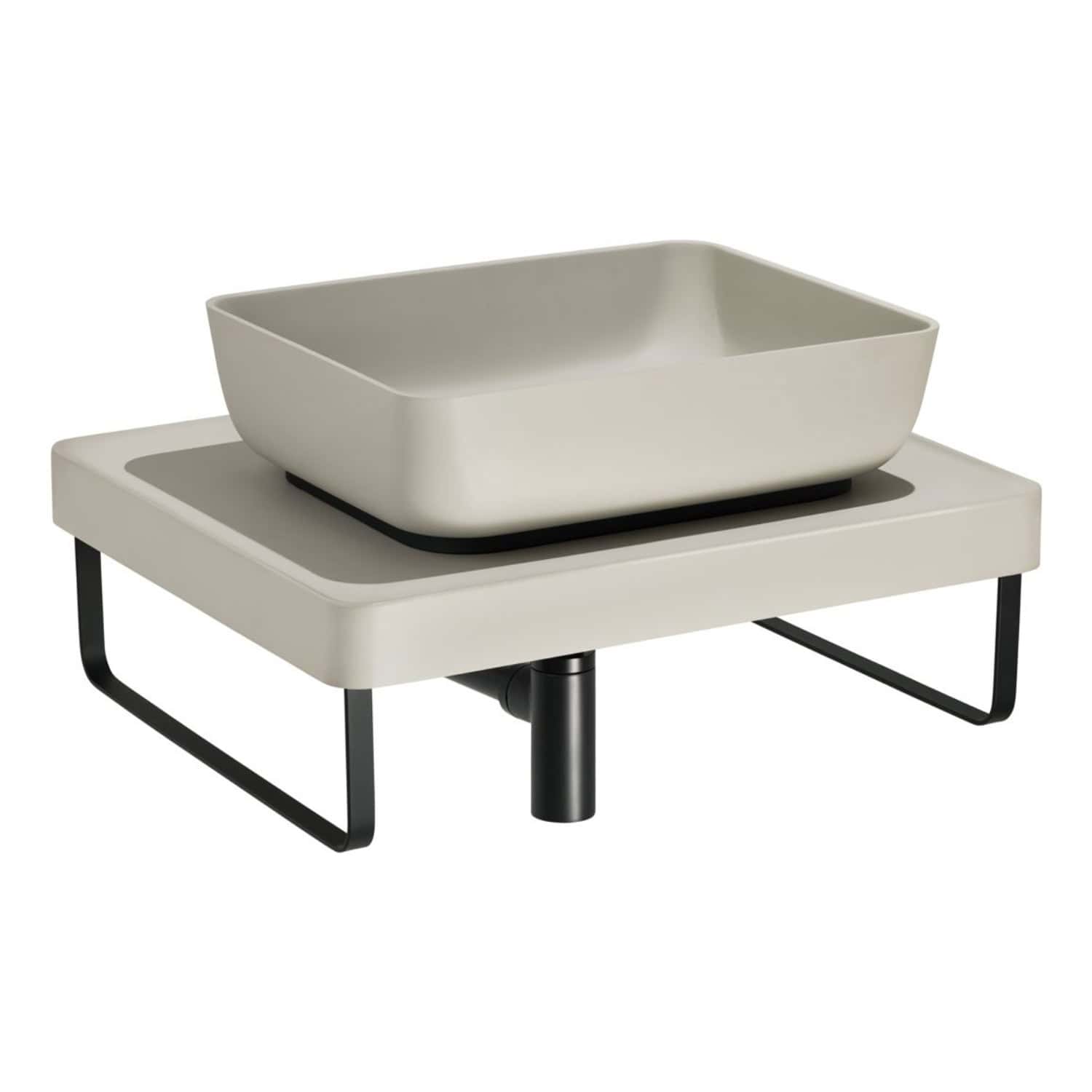 Modern minimalist bathroom sink and stand, white rectangular basin with black plumbing detail on a sleek black metal frame. Perfect for contemporary bathroom designs and easy to install.