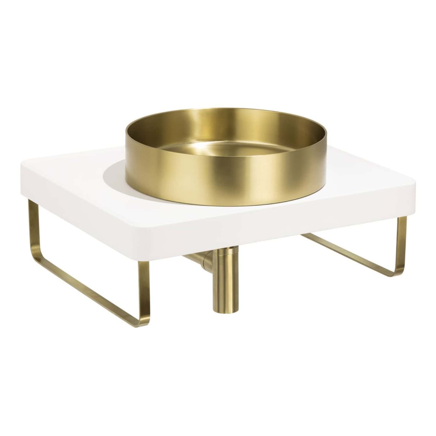 Shiny brass bowl on a white modern bathroom sink with gold metal accents, stylish and elegant, perfect for contemporary bathroom decor, high-quality bathroom accessories, modern design.