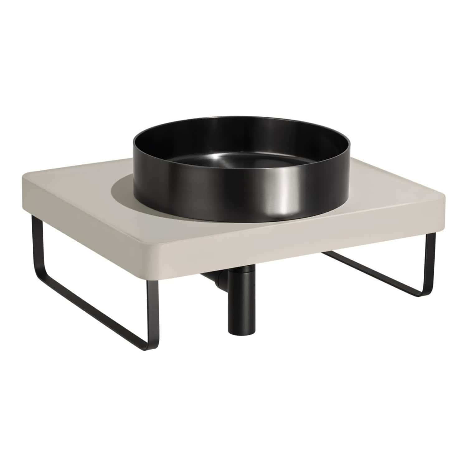Modern black and white pet feeding station with a raised bowl on a sleek, minimalist stand, ideal for contemporary bathrooms or kitchens, combining functionality and stylish design.