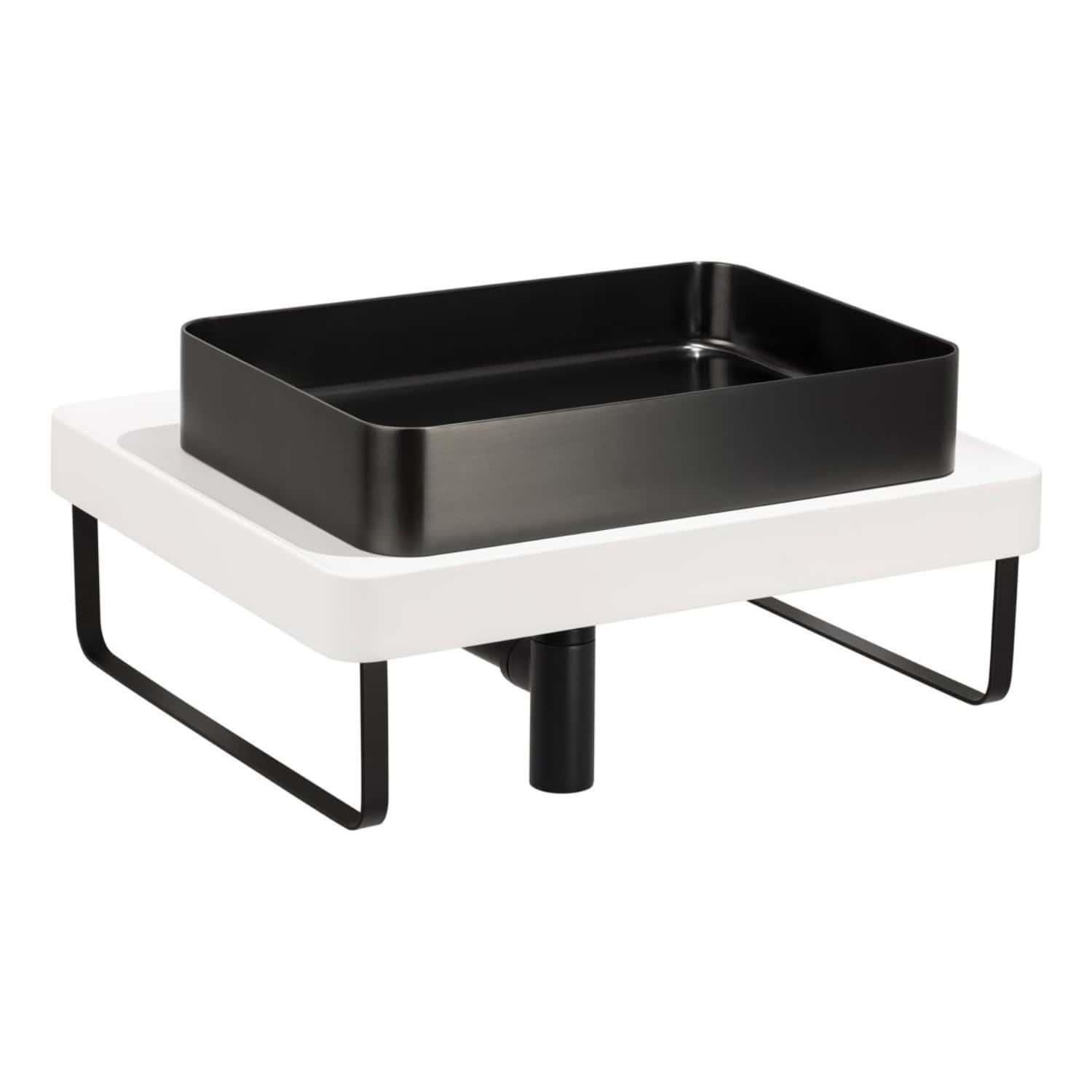 Minimalist black and white bathroom sink with modern design, easy to install and perfect for contemporary bathrooms, featuring a sleek black basin, white base, and sturdy metal legs.
