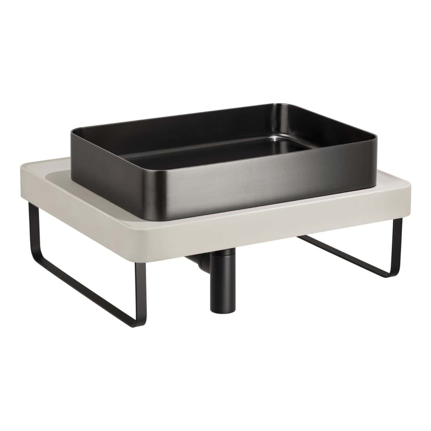 Sleek black and beige modern pet feeding station with metal stand, ideal for stylish and functional bathroom or kitchen use, designed by Bubly Bathrooms.