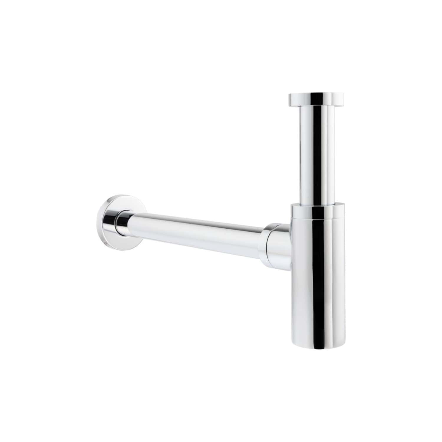 Polished chrome bathroom pipe fitting, modern plumbing component for sinks and washbasins, sleek and functional design ideal for contemporary bathroom decor.
