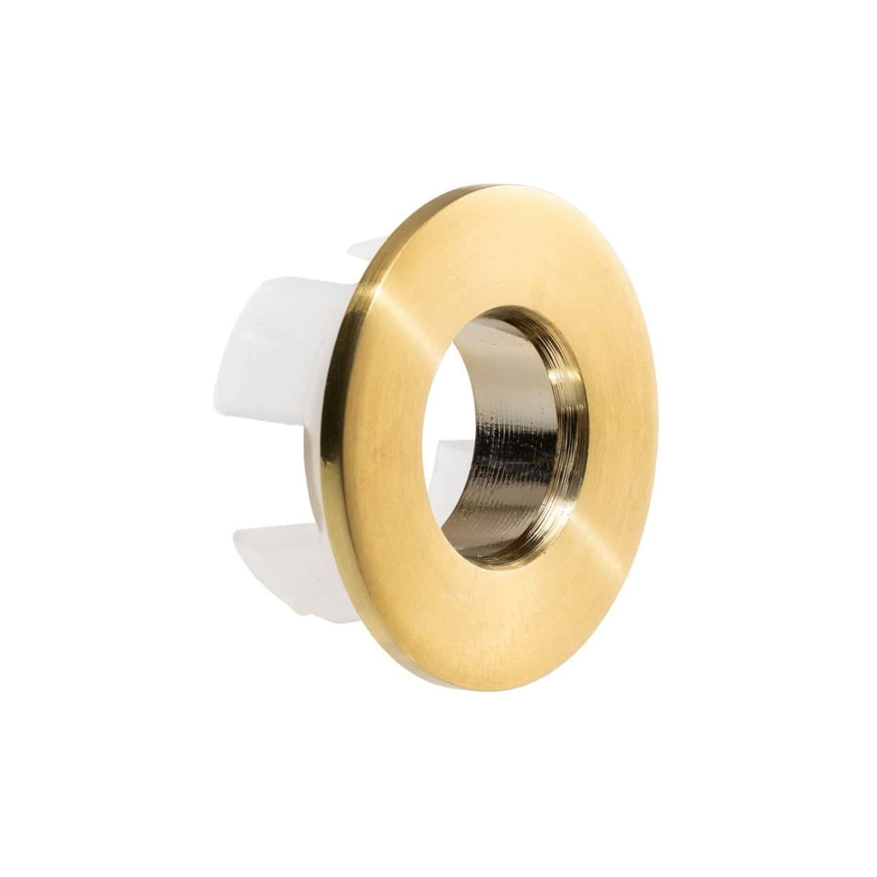 Shower door roller with brass wheel and white plastic brackets. Suitable for smooth, quiet operation in modern bathroom shower installations. Durable design for long-lasting performance.