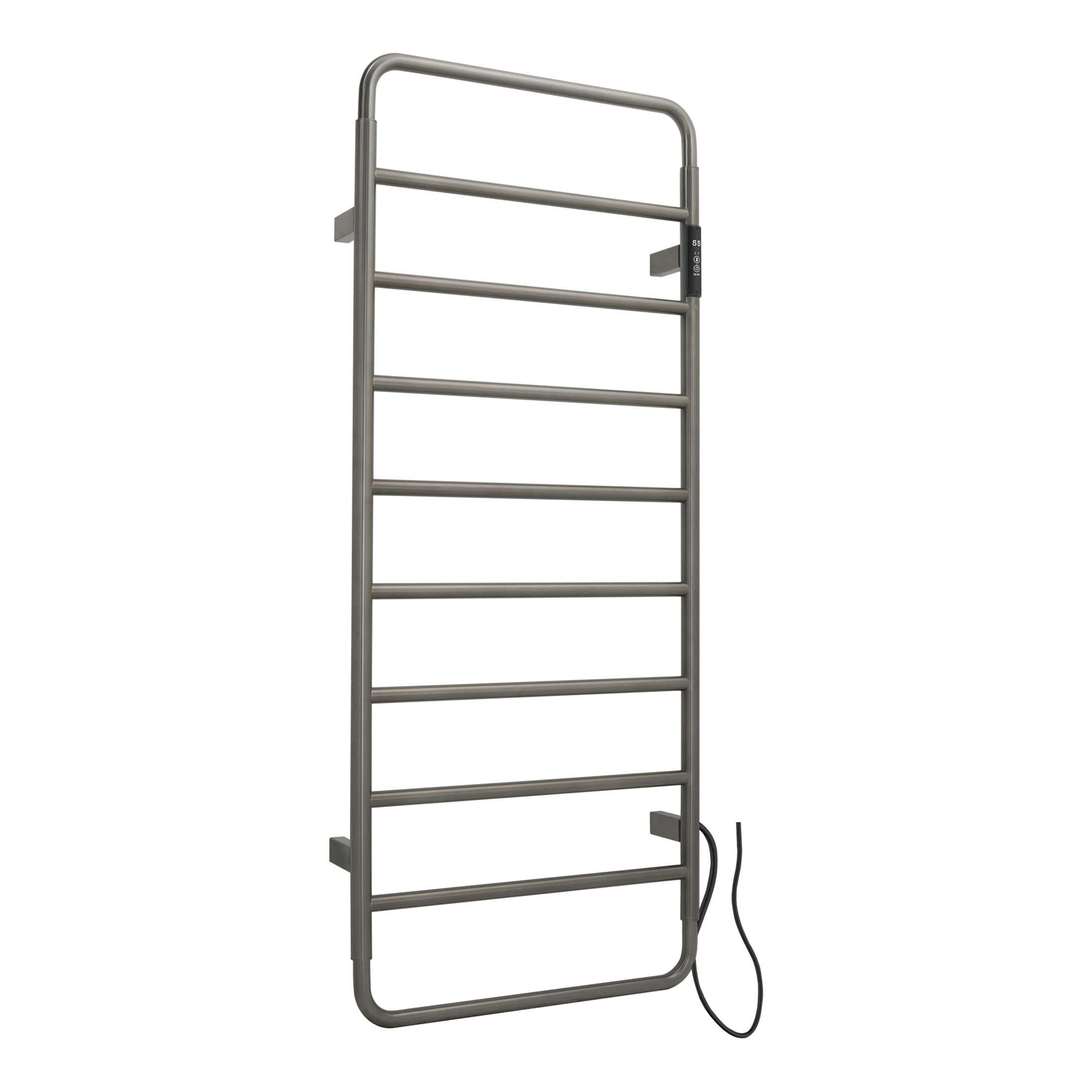 Electric heated towel rail for bathroom, modern stainless steel towel warmer with adjustable heat settings, ideal for bathroom heating and towel drying.