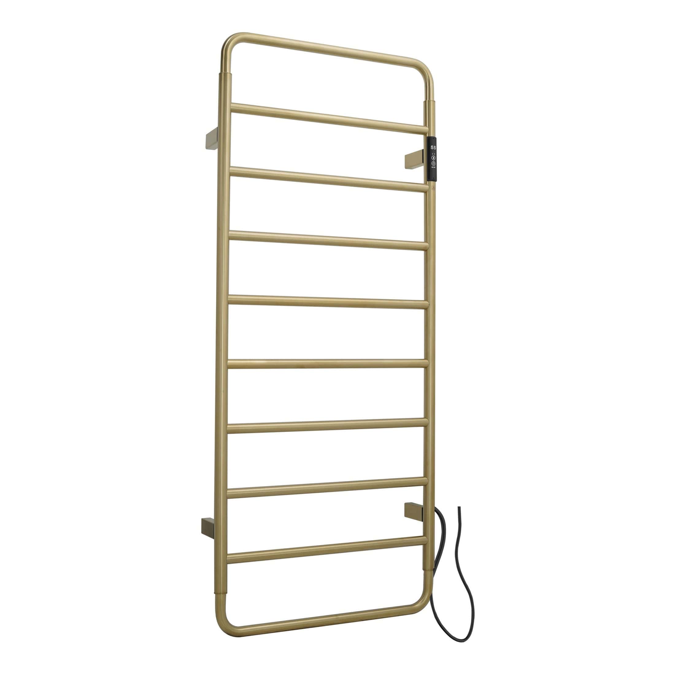 Warm beige electric towel radiator for bathrooms, featuring multiple bars for drying and heating, energy-efficient and easy to install. Perfect for modern bathroom designs.