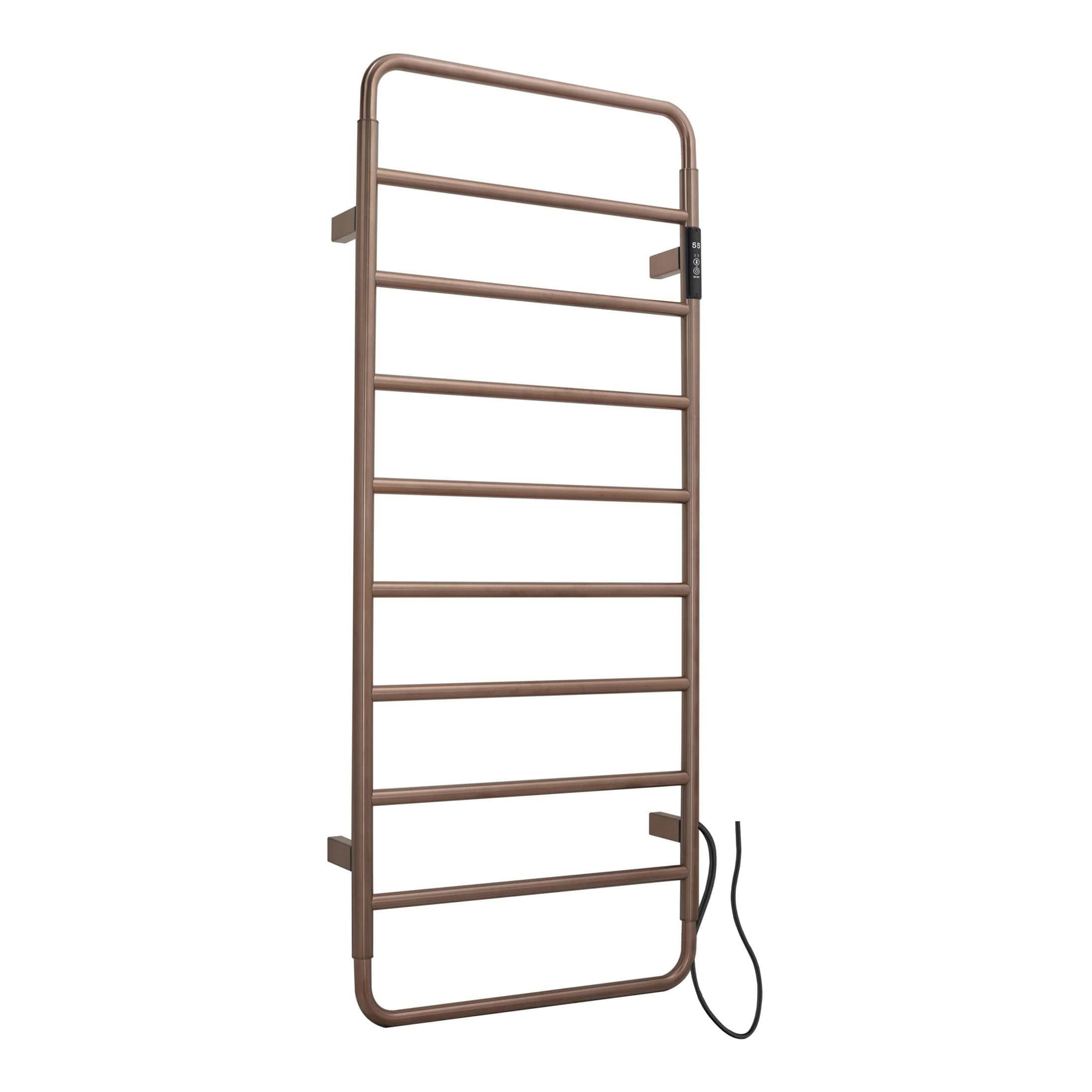 Modern heated towel rail in rose gold finish for luxury bathrooms, energy-efficient design, easy to install, and perfect for drying and warming towels. Ideal for contemporary bathroom spaces.