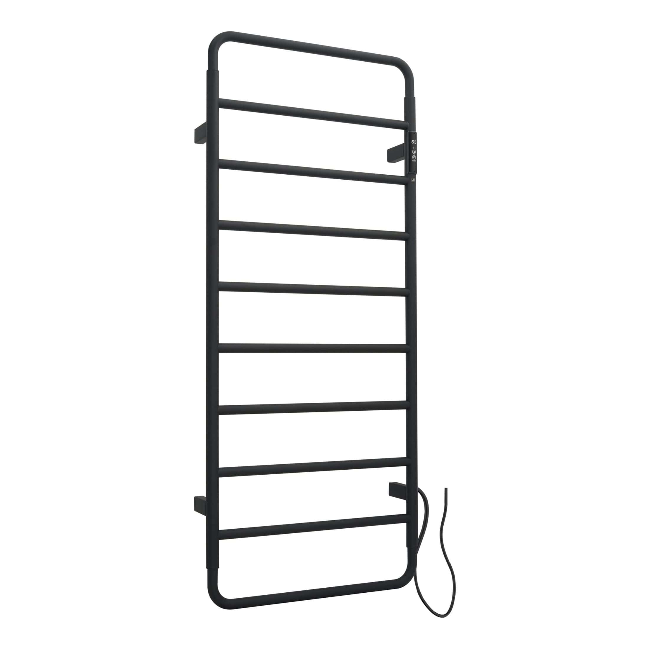 Heated towel rail, black electric bathroom radiator, energy-efficient towel warmer, modern bathroom heating solution, Bubly Bathrooms premium bathroom accessories.
