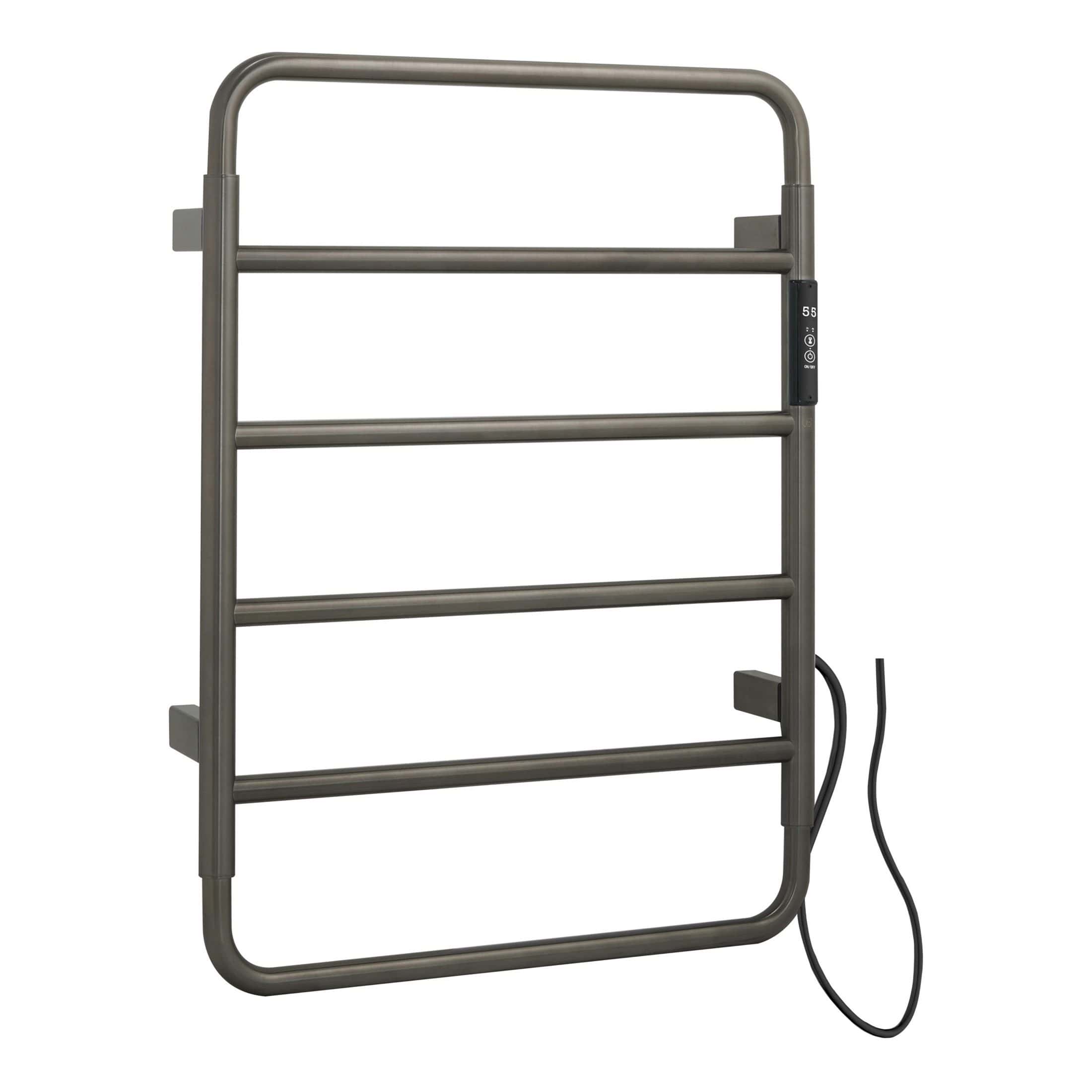 Chrome electric heated towel rail with digital control panel for bathroom heating. Suitable for drying towels and keeping bathrooms warm. Corded design with adjustable temperature settings.