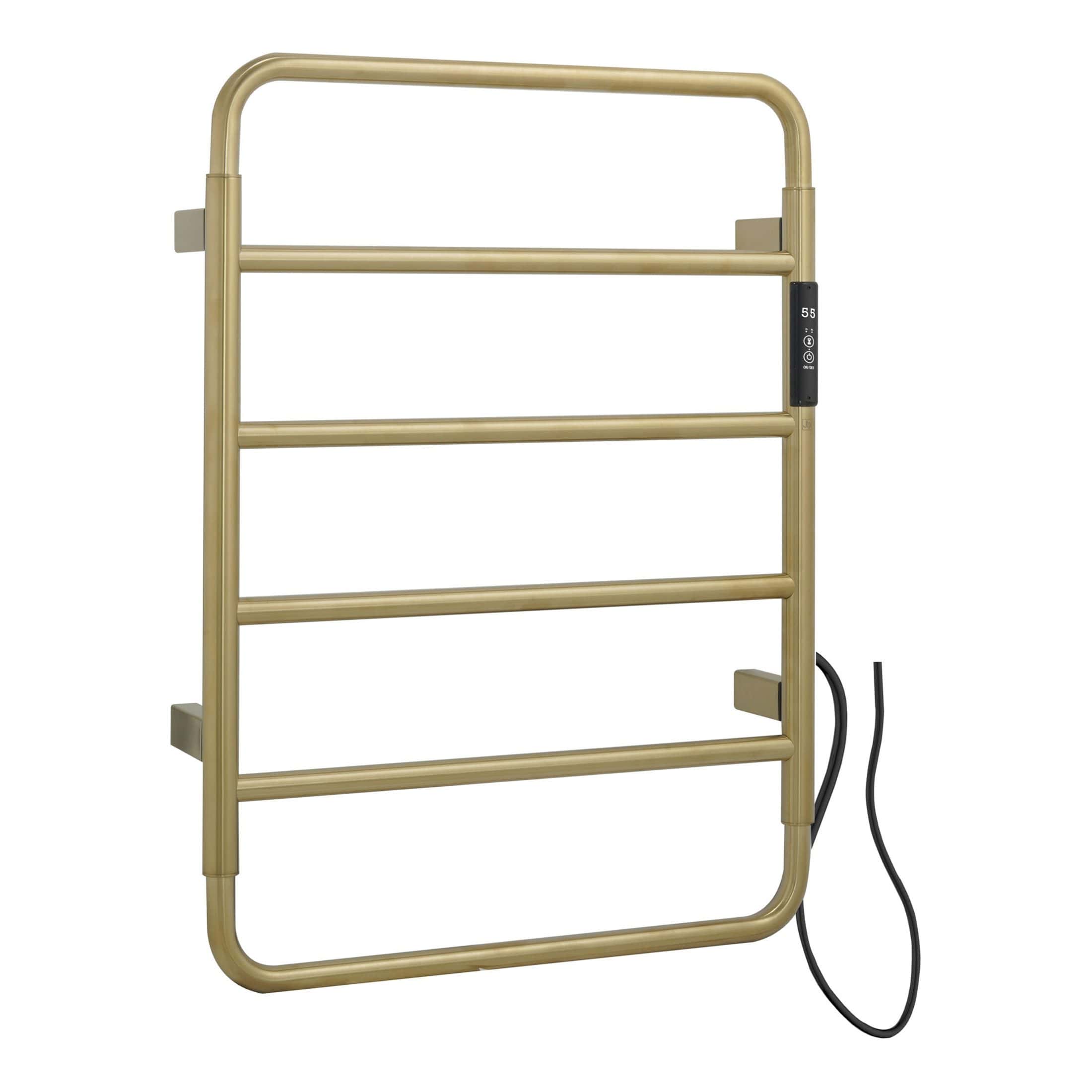 Electric towel warmer heater with digital thermostat, gold finish, for bathroom heating and comfort. Durable and stylish bathroom heating solution from Bubly Bathrooms.