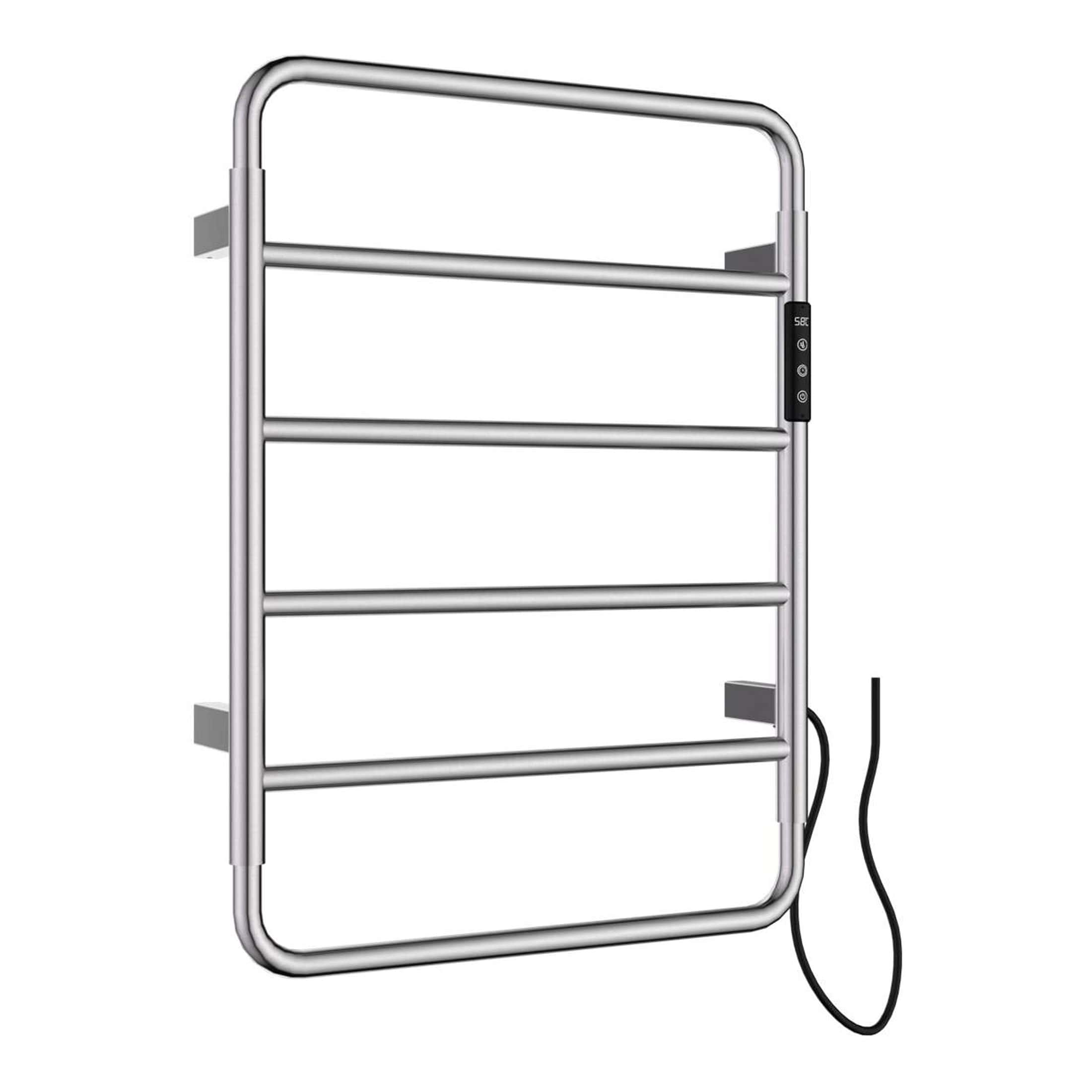 Energy-efficient heated towel rail for bathrooms, made of stainless steel with digital control panel for adjustable warmth. Perfect for modern bathroom heating solutions.